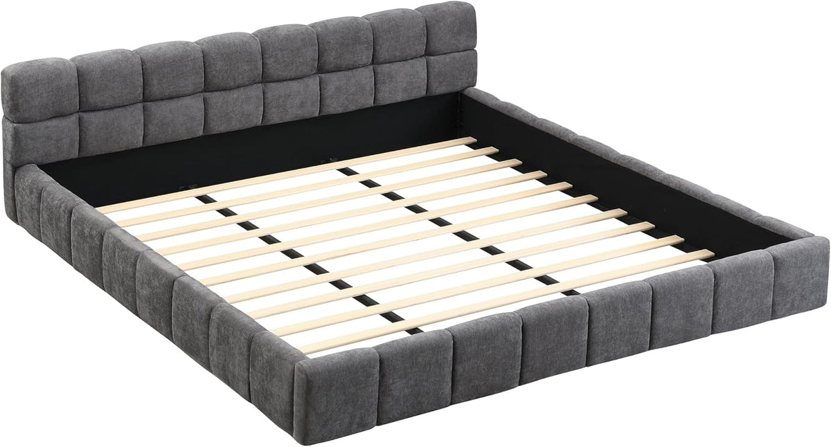 Merax King Size Elegant Chenille Upholstered Platform Bed with Thick Headboard and Footboard, Block Style Upholstery Grounded Bed Frame, Gray