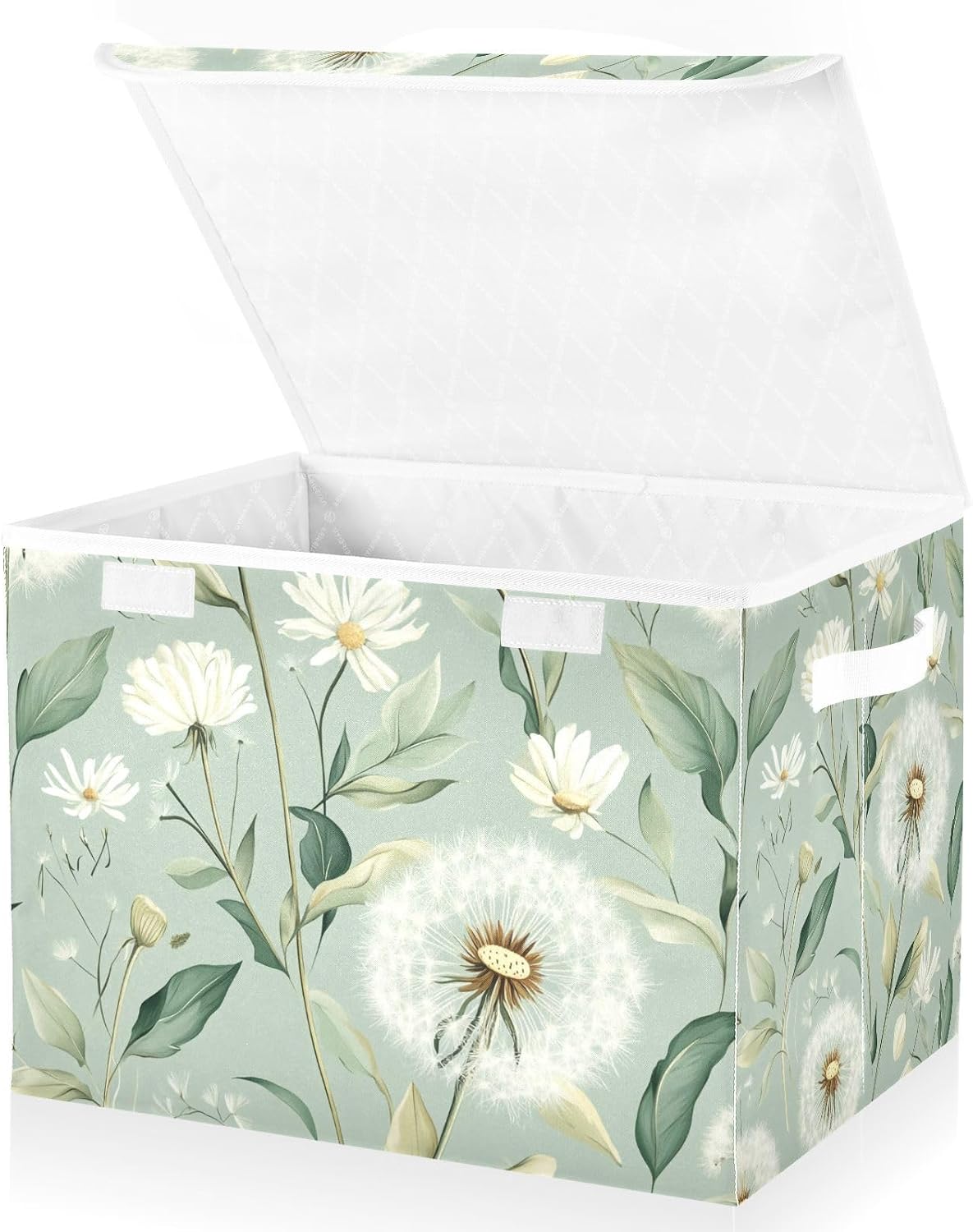 Collapsible Storage Bins with Lids Decorative Fabric Storage Cubes Closet Organizer Basket Boxes Containers for Clothes Box Chest Folding Rectangle Spring Sage Green Dandelions Daisy Flower