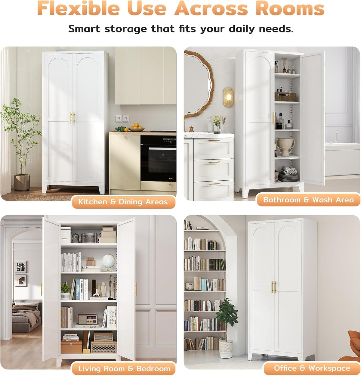 Zevemomo 71'' Tall Metal Pantry Cabinet with 2 Doors, Freestanding Kitchen Storage Cabinet with 4 Adjustable Shelves, Steel Cupboard for Kitchen, Pantry, Dining Room, Living Room, Bathroom, White