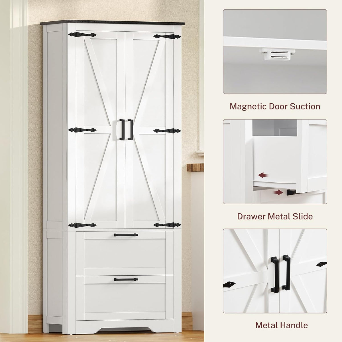 TEENFON 66.1" H Storage Cabinet with 2 Drawers, Farmhouse Kitchen Pantry Cabinet with 2 Doors & Adjustable Shelf, Bathroom Cabinet, for Living Room, Kitchen, Bathroom, White