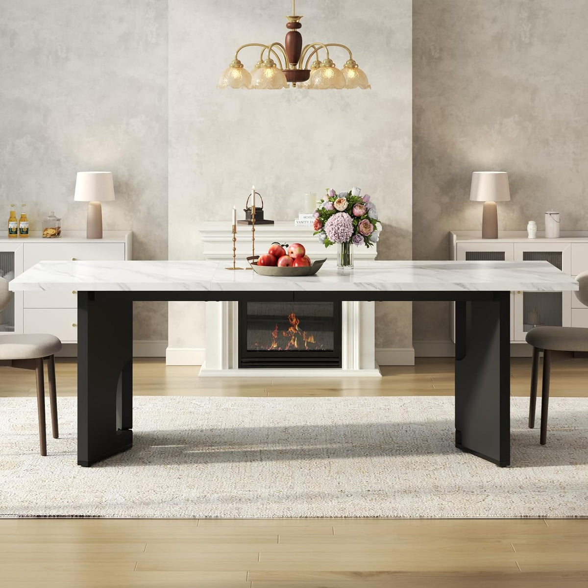 86.6" Modern Dining Table for 6-10 People,Long Kitchen Tables with Wooden Black V Shaped Frame Legs,Rectangular Dinner Table with Imitation Marble Tabletop for Kitchen, Dining Room(Only Table