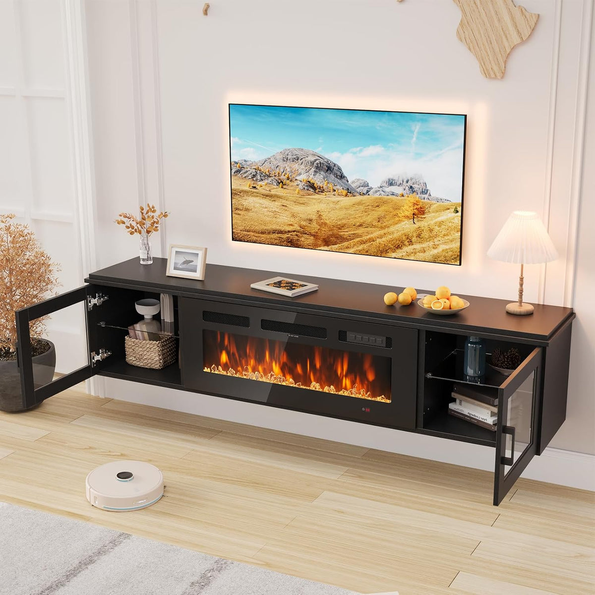 80" Floating TV Stand with 36" Electric Fireplace, Brown & Black | Floating TV Stand Wall Mounted Fits TVs up to 80", Adjustable Shelves & Storage, TV Console for Living Room, WI‑FI Enabled