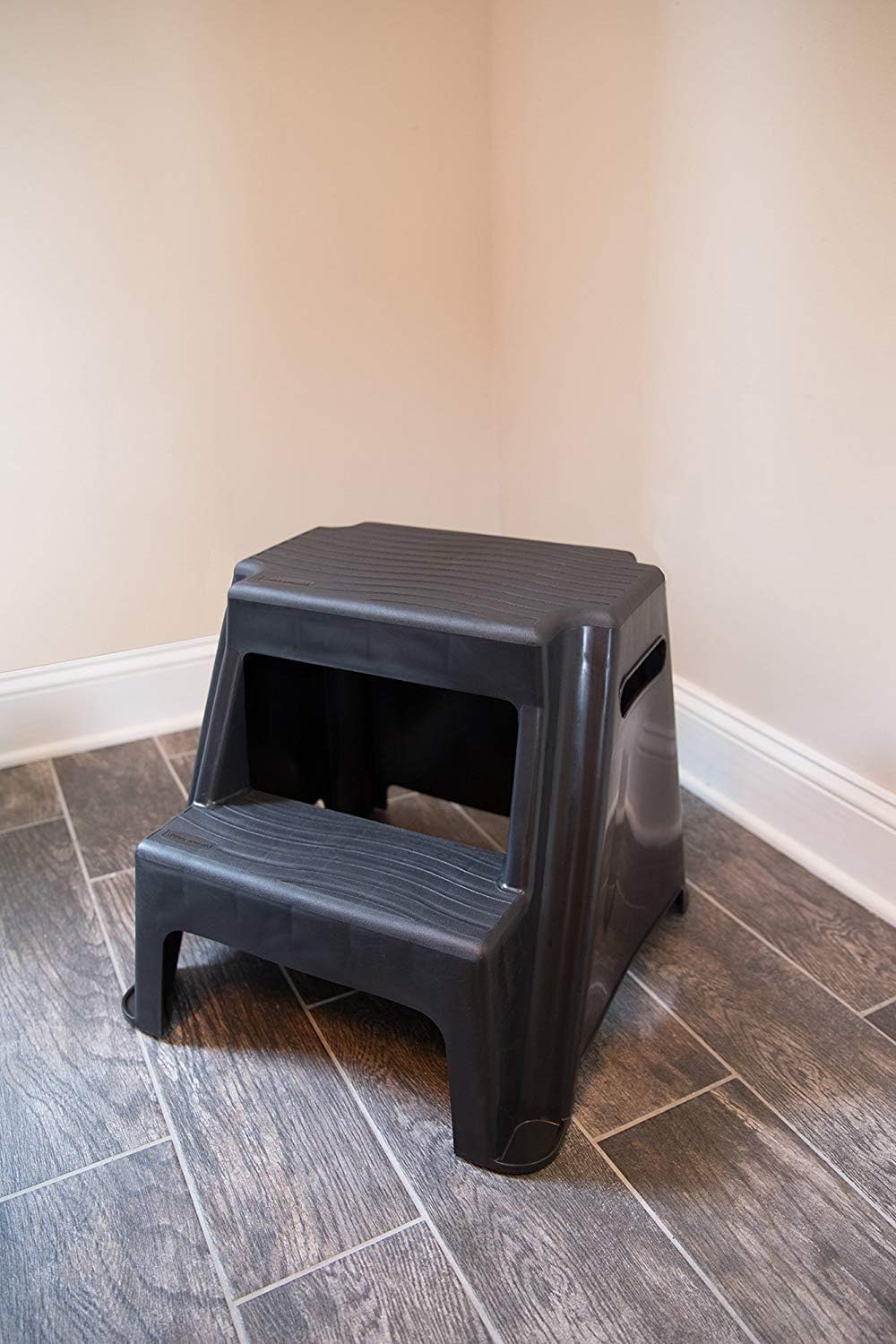Rubbermaid 2-Step Plastic Stool, 300 lb Capacity, Lightweight, Black | Slip-resistant treads, Non-marring feet, Large standing platform, Cutout carry handles, No assembly required