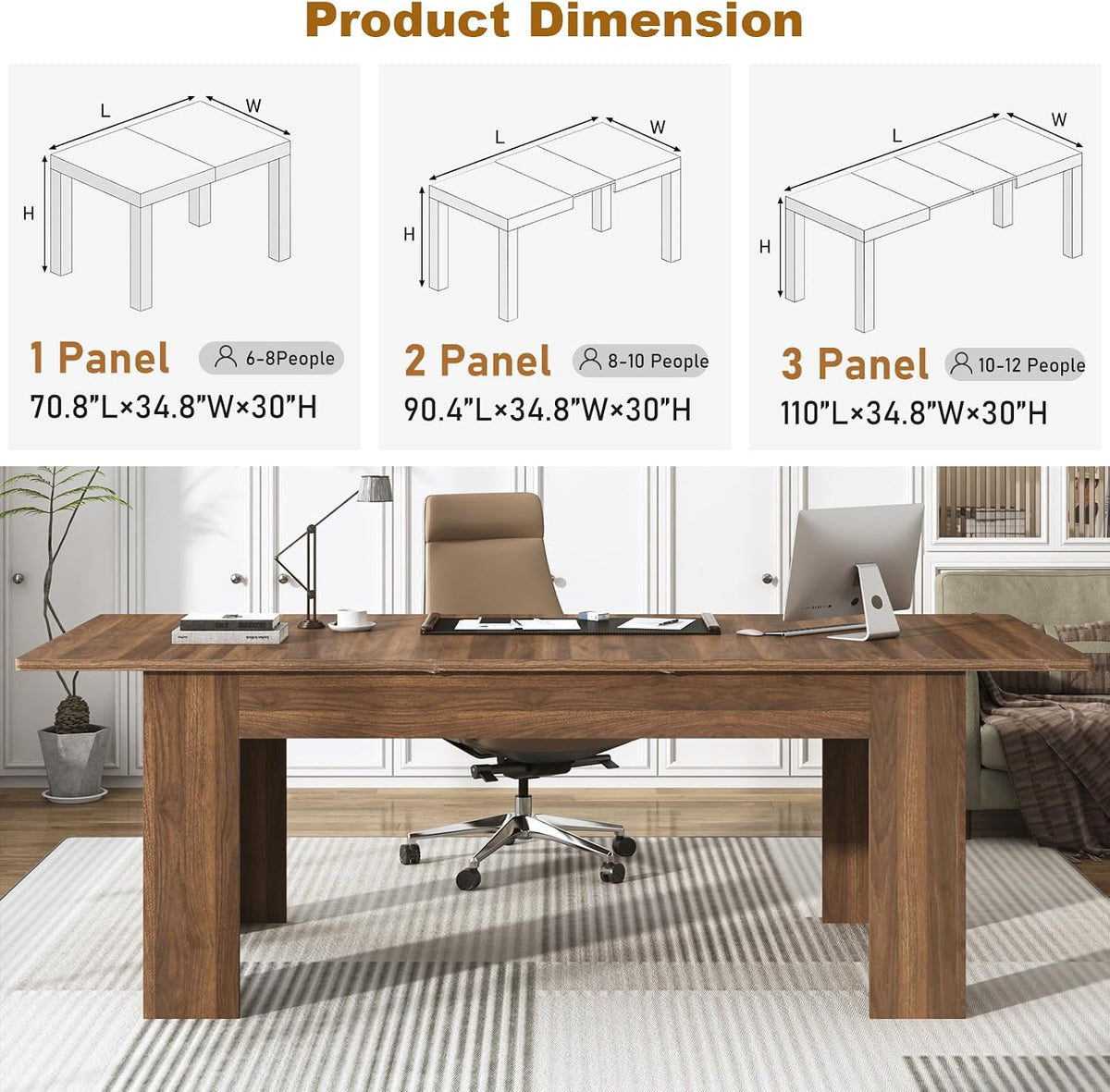 70.8"-110" Extendable Dining Table for 6-12 Person, Wooden Dining Room Table, Modern Extendable Table for Gatherings, Meeting for Small Kitchens, Dining Office Areas(Walnut)