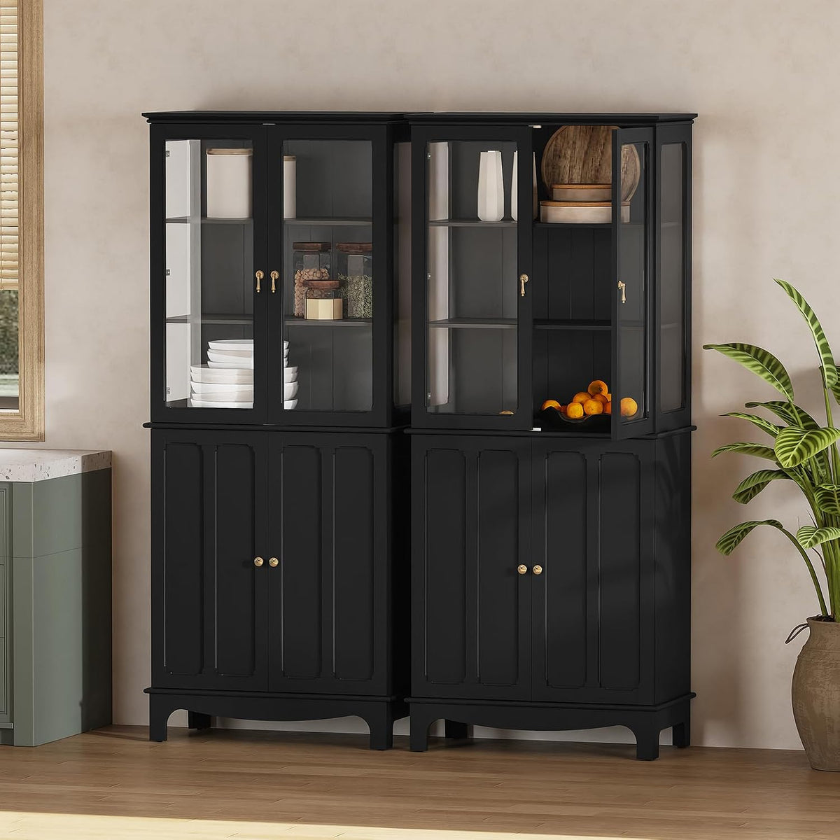 ARTPOWER 72" Freestanding Kitchen Pantry Storage Sideboard, Classical Tall Cabinet with Glass Door and Adjustable Shelves for Kitchen, Livingroom and Dining Room, Black