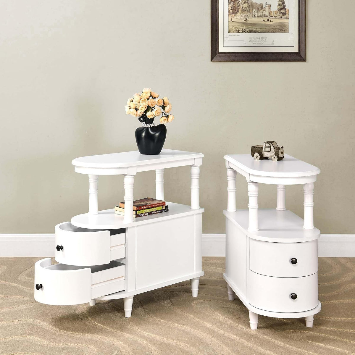 PADMA HOUSE Solid Wood End Table with 2 Drawers, Narrow Sofa Side Table Slim Chair Side Table with Storage Shelf, Vintage Slim Nightstand Bedside Table, White,BG-A508-WT