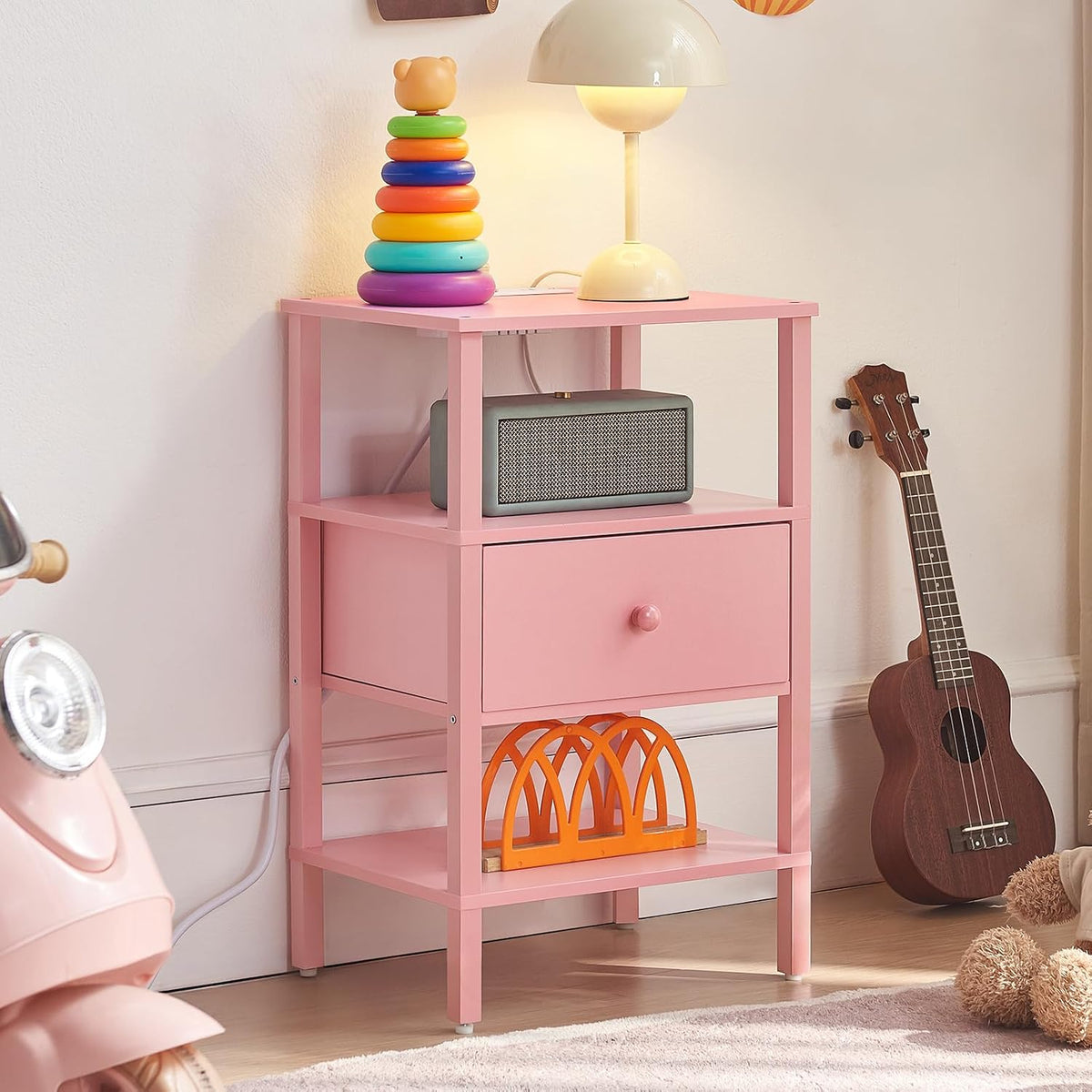 Lerliuo Nightstand with Charging Station and USB Ports, 3-Tier Storage Pink End Table with Drawer Shelf, Night Stand for Small Spaces, Wood Bedside Table for Living Room, Bedroom - Light Pink