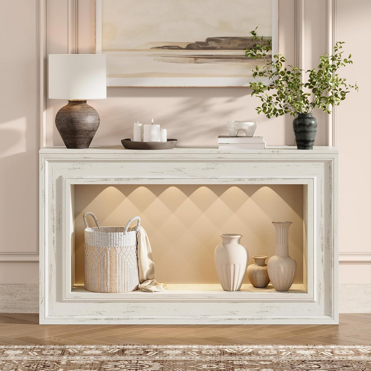 Rresyet 55" Narrow Entryway Console Table with LED Lights & Storage, White