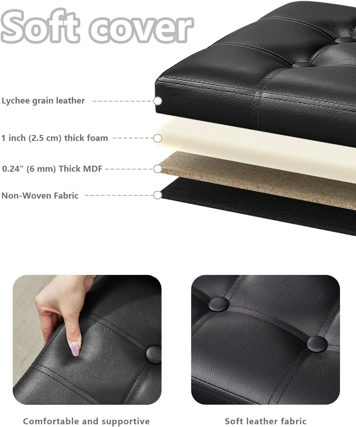 Bsketa Storage Ottoman Bench, 17" Folding Leather Foot Rest,Black 2 Pack | Ottoman with Storage, Thicker Foam Padded Seat, Living Room, Dorm, Bedroom, Load 330 lbs, Easy to install, 17x13x13in