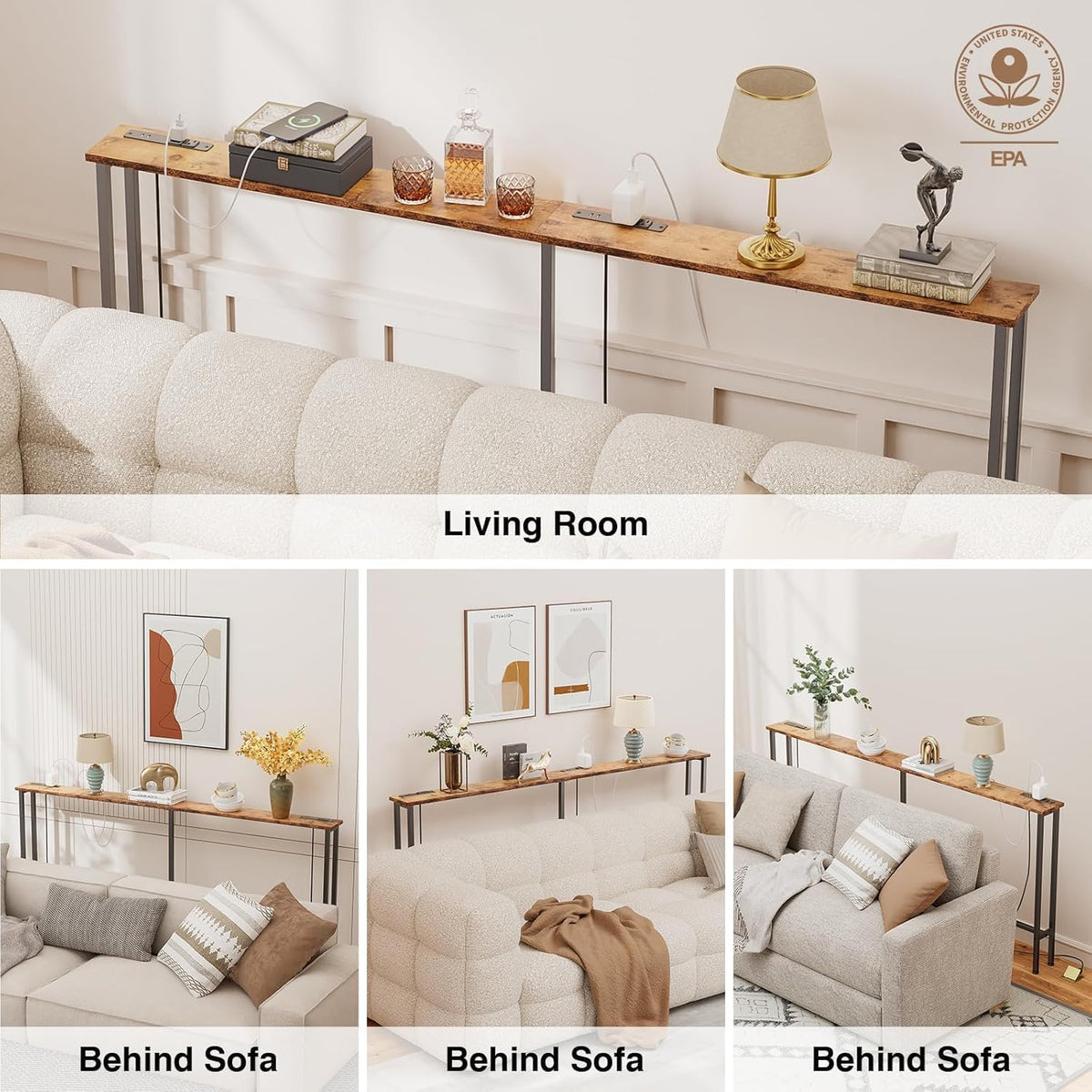 Keelian 102" Narrow Console Sofa Table - 2 Power Outlets & 4 USB Ports, Metal Frame, Rustic Brown, Perfect for Hallway, Office, and Behind Sofa - Easy Assembly, 4.9' Extension Cord Included