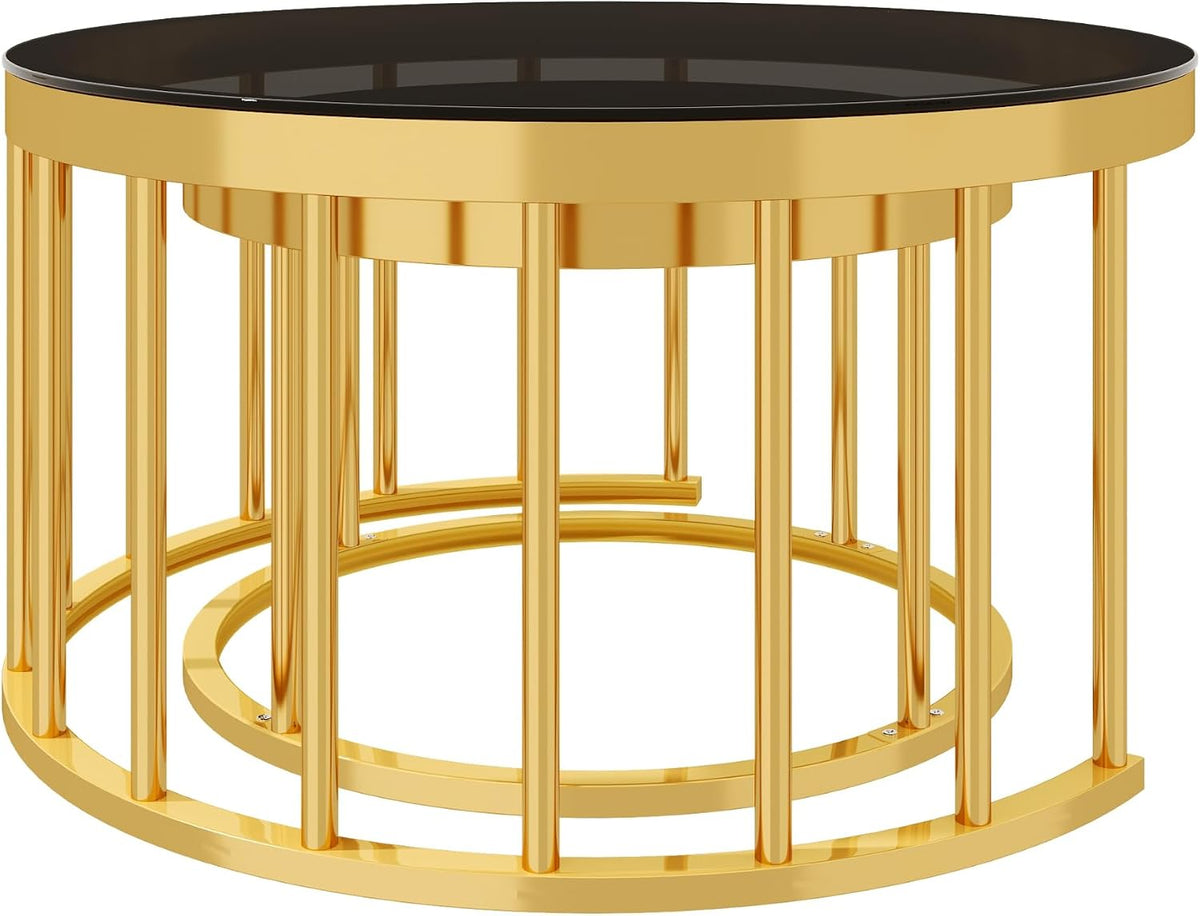Round Nesting Coffee Table Set of 2 with Gold Frame & Mirrored Top, Black | Modern Circular Cocktail Tables with Tempered Glass, Space-Saving for Living Room & Apartment