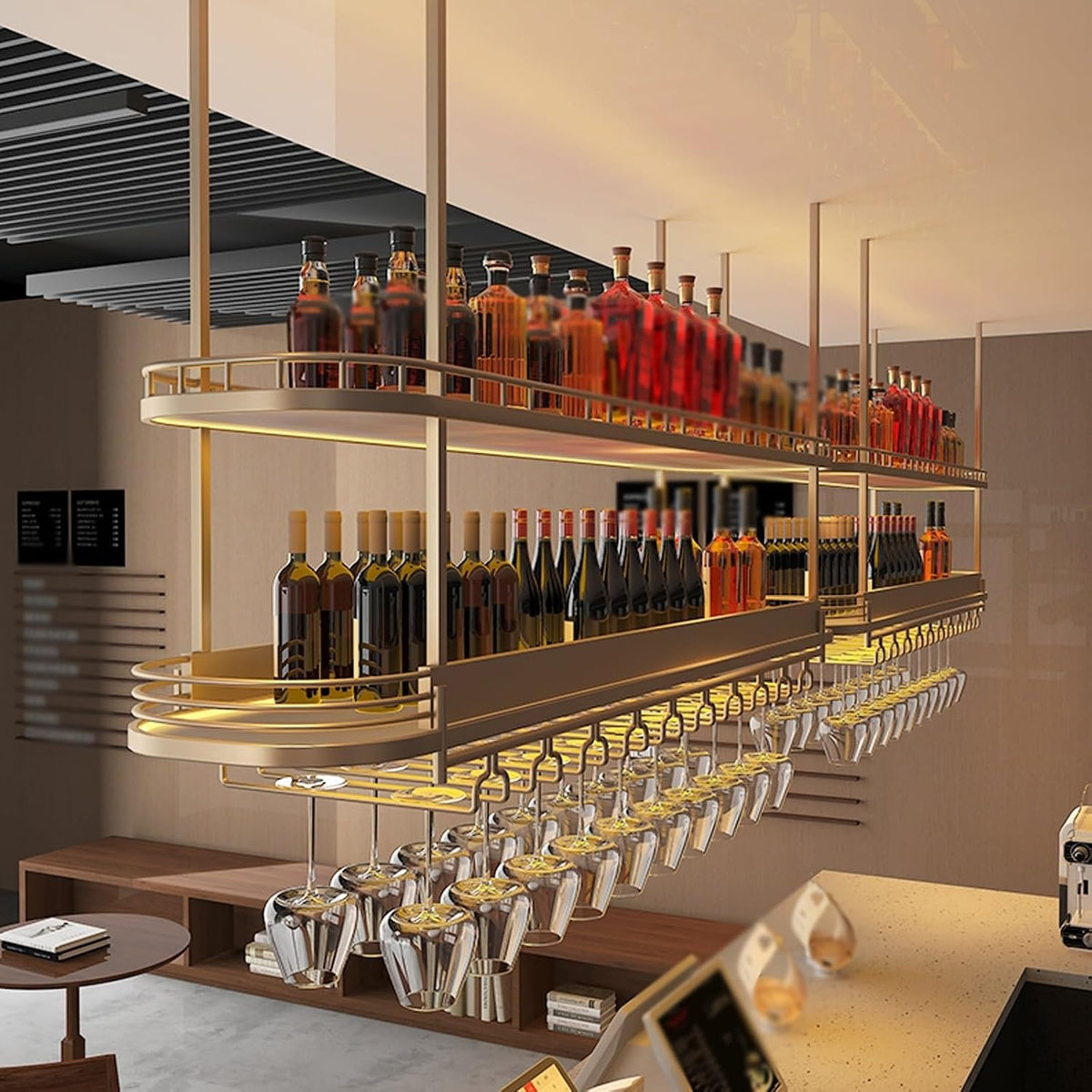 Modern Gold Hanging Wine Glass Holder,Ceiling Bar Wine Glass Shelf,Ceiling Mounted Bottle Rack,for Home,cafes ,Bar