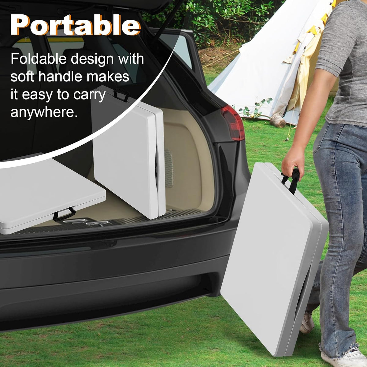 4ft Folding Table, Portable Fold-in-Half Adjustable Height Utility Table for Indoor/Outdoor Use, Durable HDPE & Steel, Stable & Lightweight, Multi-Purpose, White