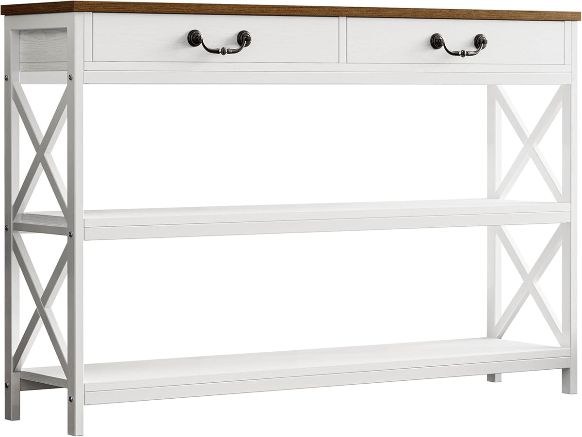 IRONCK 47.2" Farmhouse Console Table, Sofa Table with Drawer, Narrow Long Entry Table with 2 Shelf for Entryway, Living Room, Hallway, White/Walnut