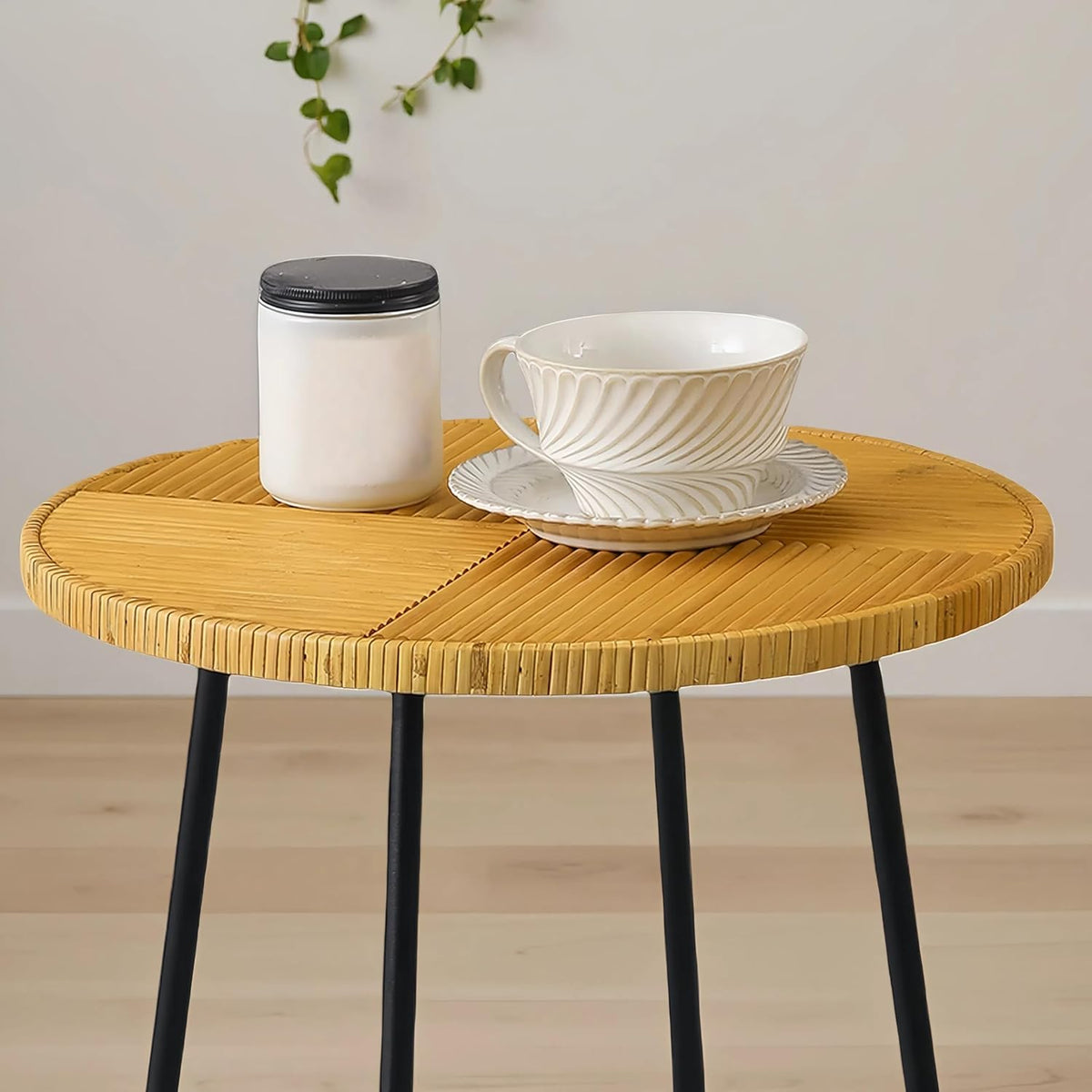 Boho Rattan Round Small End Tables for Small Spaces 16 X 19 Inch, Handmade Farmhouse Decorative Side Table Living Room Bedroom Balcony, Mini Coffee Table for Couch