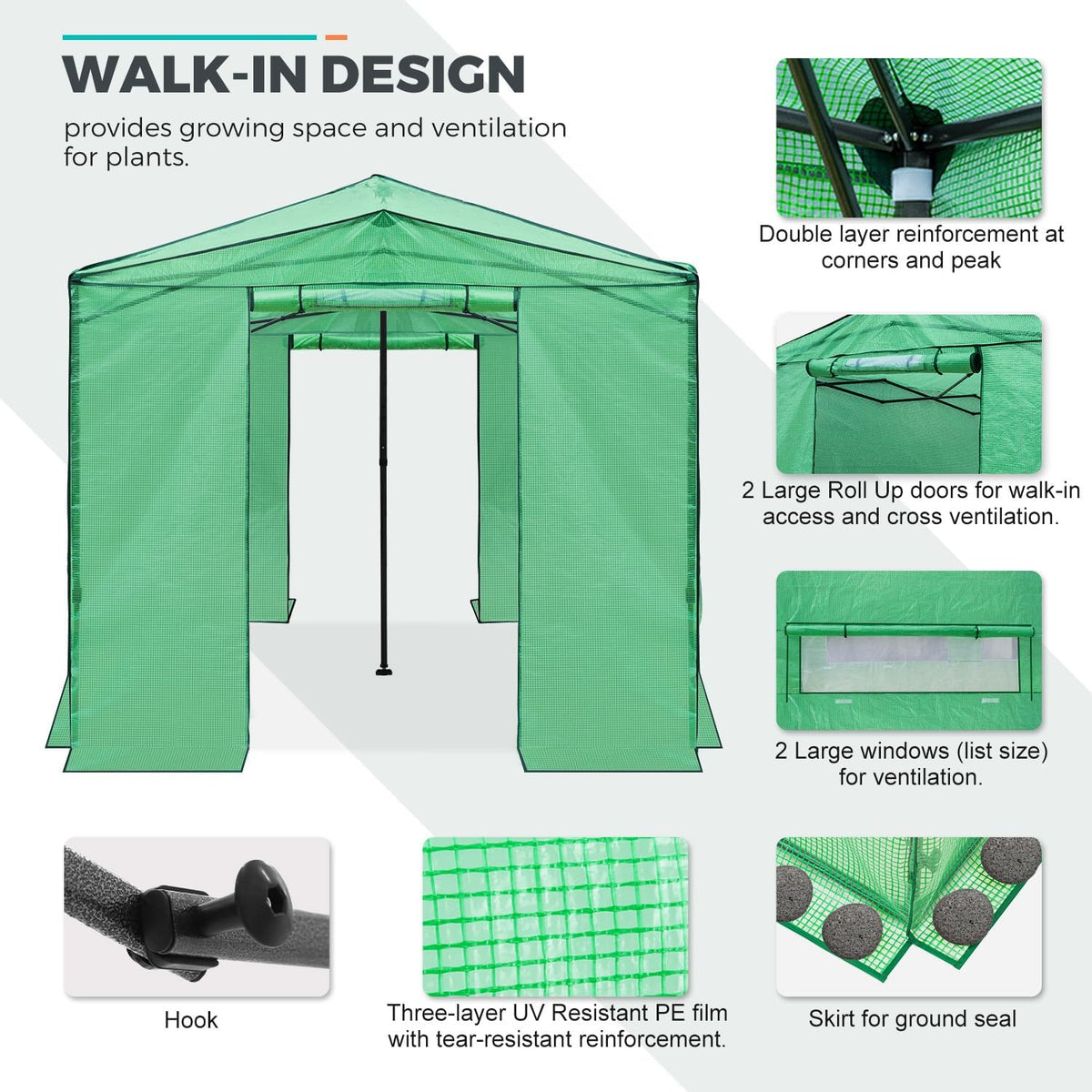 EAGLE PEAK Instant Pop-up Greenhouse, Indoor Outdoor Plant Gardening Green House, Roll-Up Zipper Doors and Side Windows, Walk in 12x8 ft, Green/Clear
