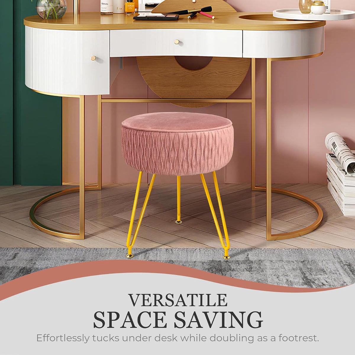 Velvet Vanity Stool Footrests, Round Ottoman Vanity Chairs with Anti-Slip Feet, Dressing Table Seat Foot Stool with Black Legs, Furry Padded Seat Side Table for Makeup Bedroom(Pink, Golden)