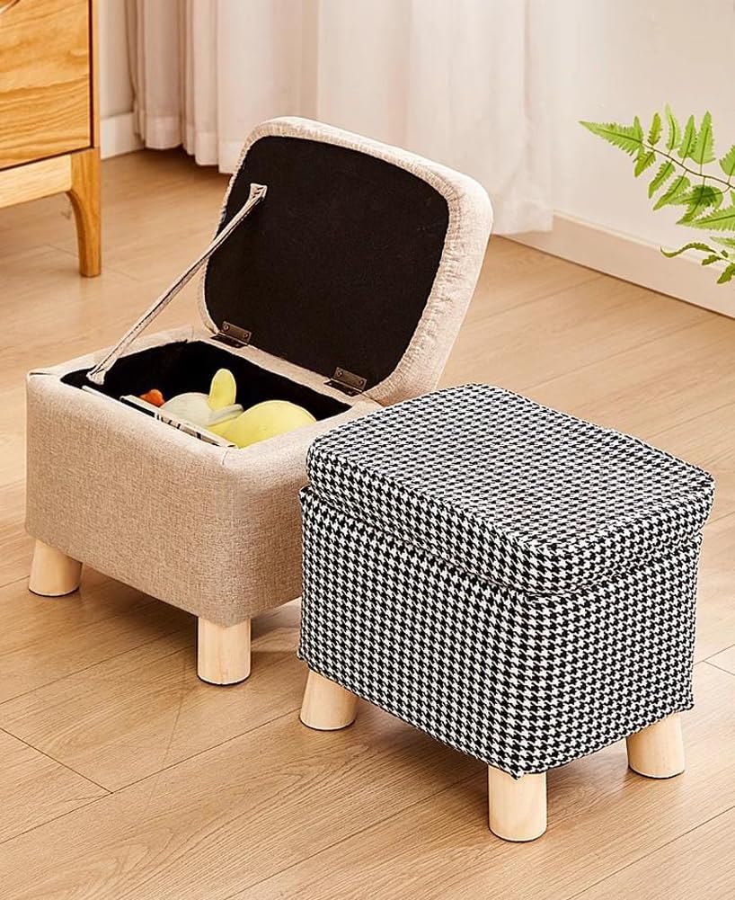 Storage Ottoman with Linen Removable Cover,Square Foot Rest Stool Hinged Lid Upholstered Padded Seat for Living Room Bedroom,Home Decor Ottoman (Green,Small)