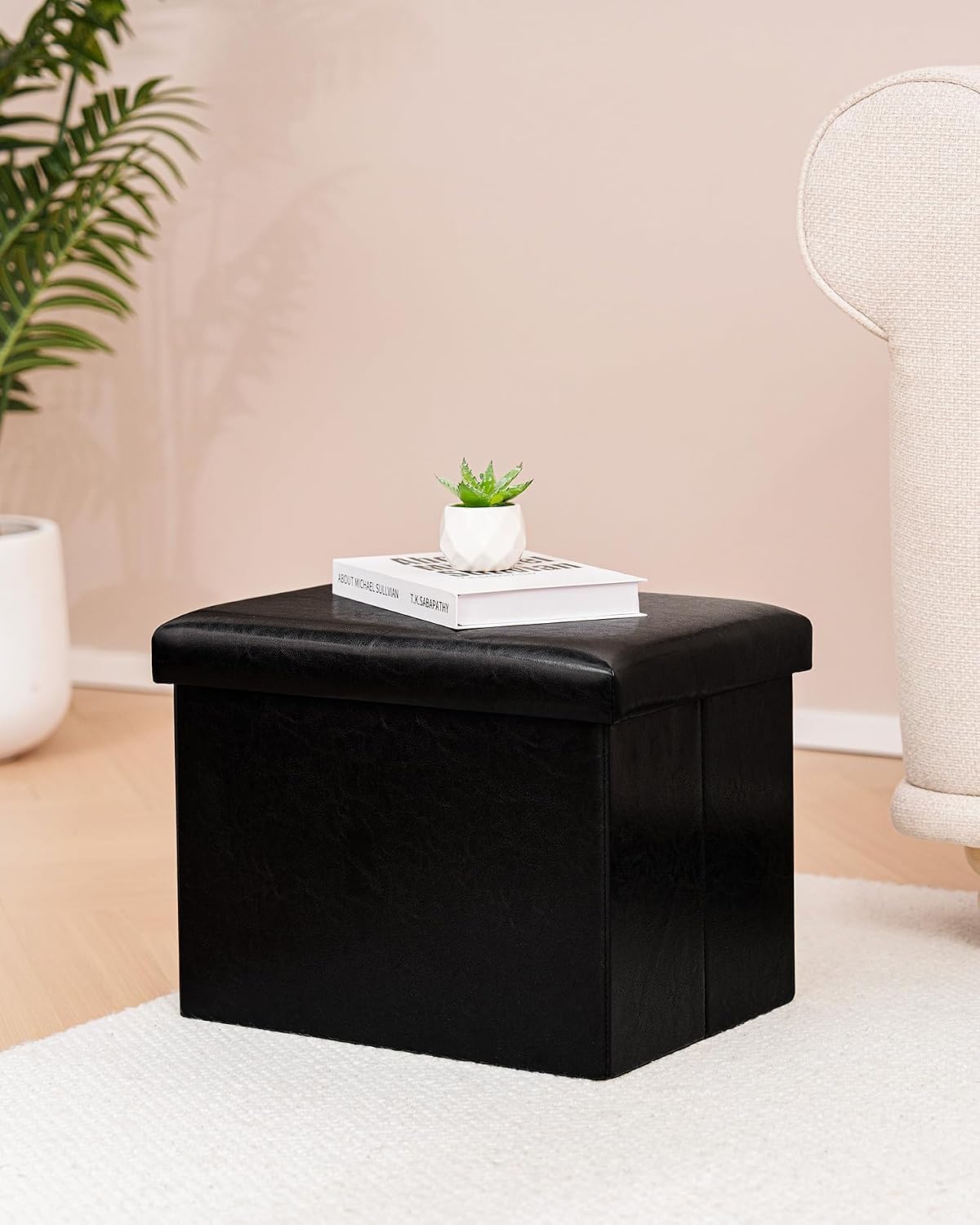 B FSOBEIIALEO Folding Storage Ottoman Cube Faux Leather Ottomans for Living Room, Bedroom, Home Office, Dorm Storage Footrest Black 16.5"x12.6"x12.6"