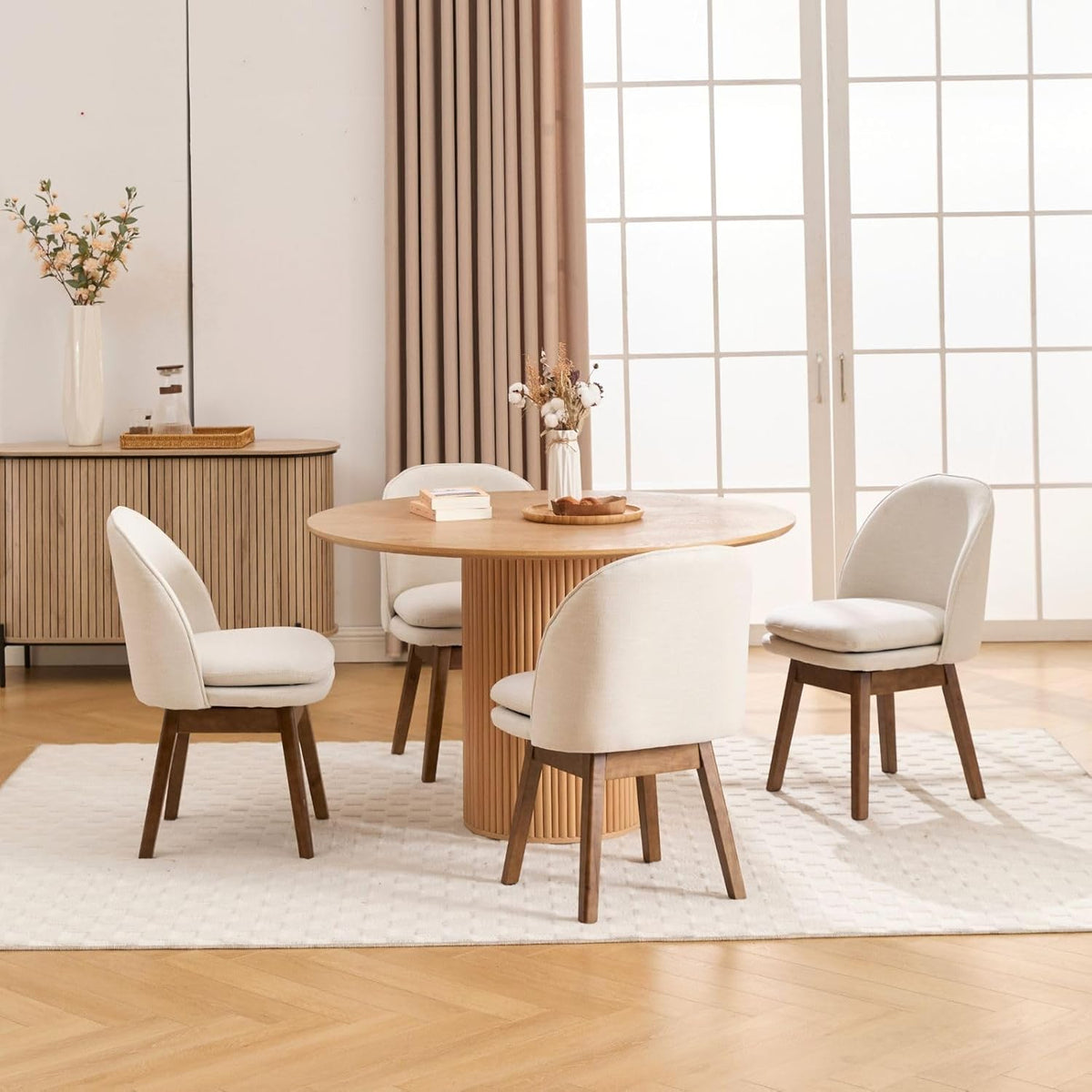 ROCITY Swivel Dining Chairs Set of 2, Beige Linen Kitchen Chairs with Solid Wood Legs, Mid Century Modern Upholstered Dining Room Chair Armless Accent Chair for Kitchen/Restaurant