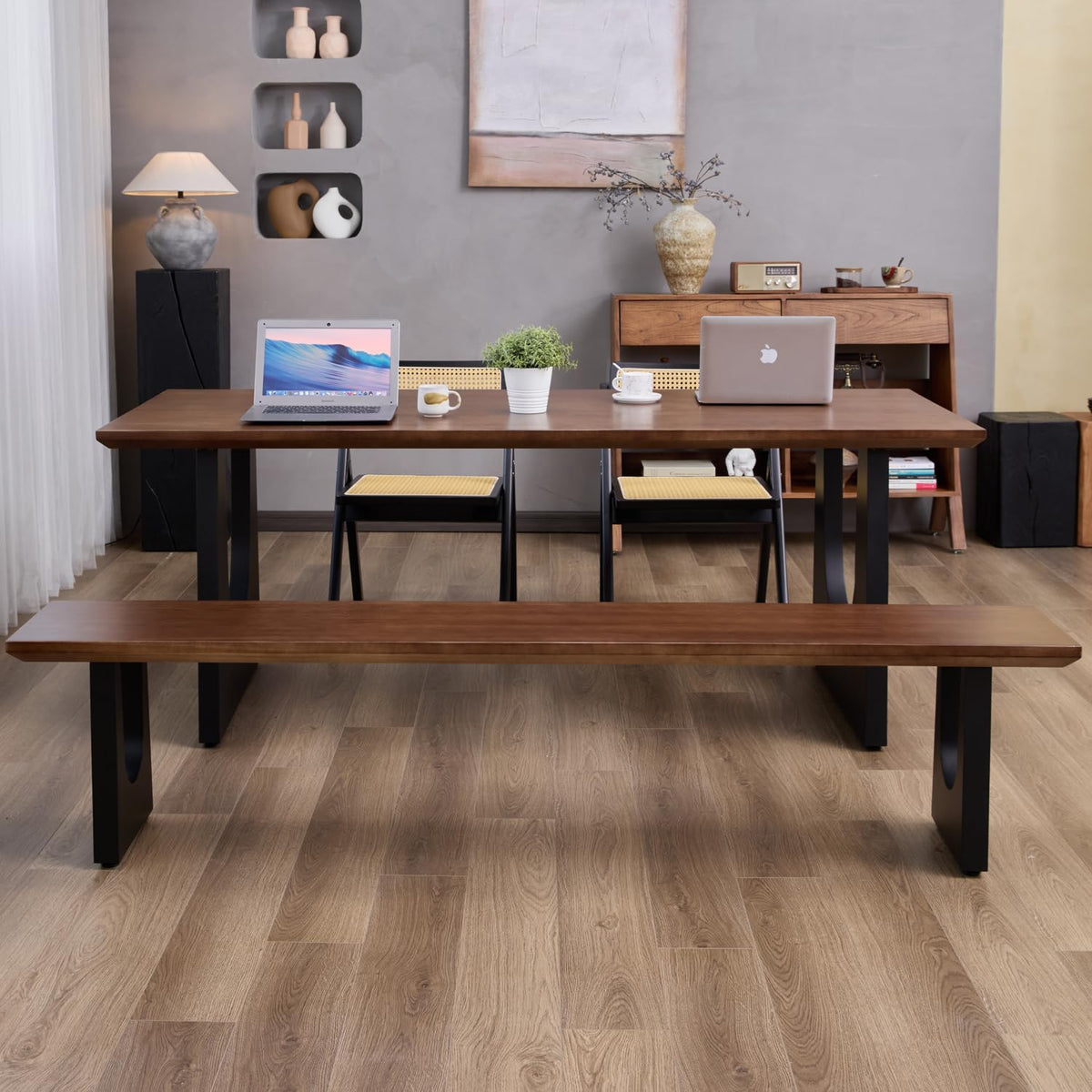 Walnut Color Long Bench Solid Wood Top Metal Legs U-Shaped Design Durable Sturdy Dining Bench Ideal for Office Home Restaurant Patio Multiple (Bench, 78.74in)