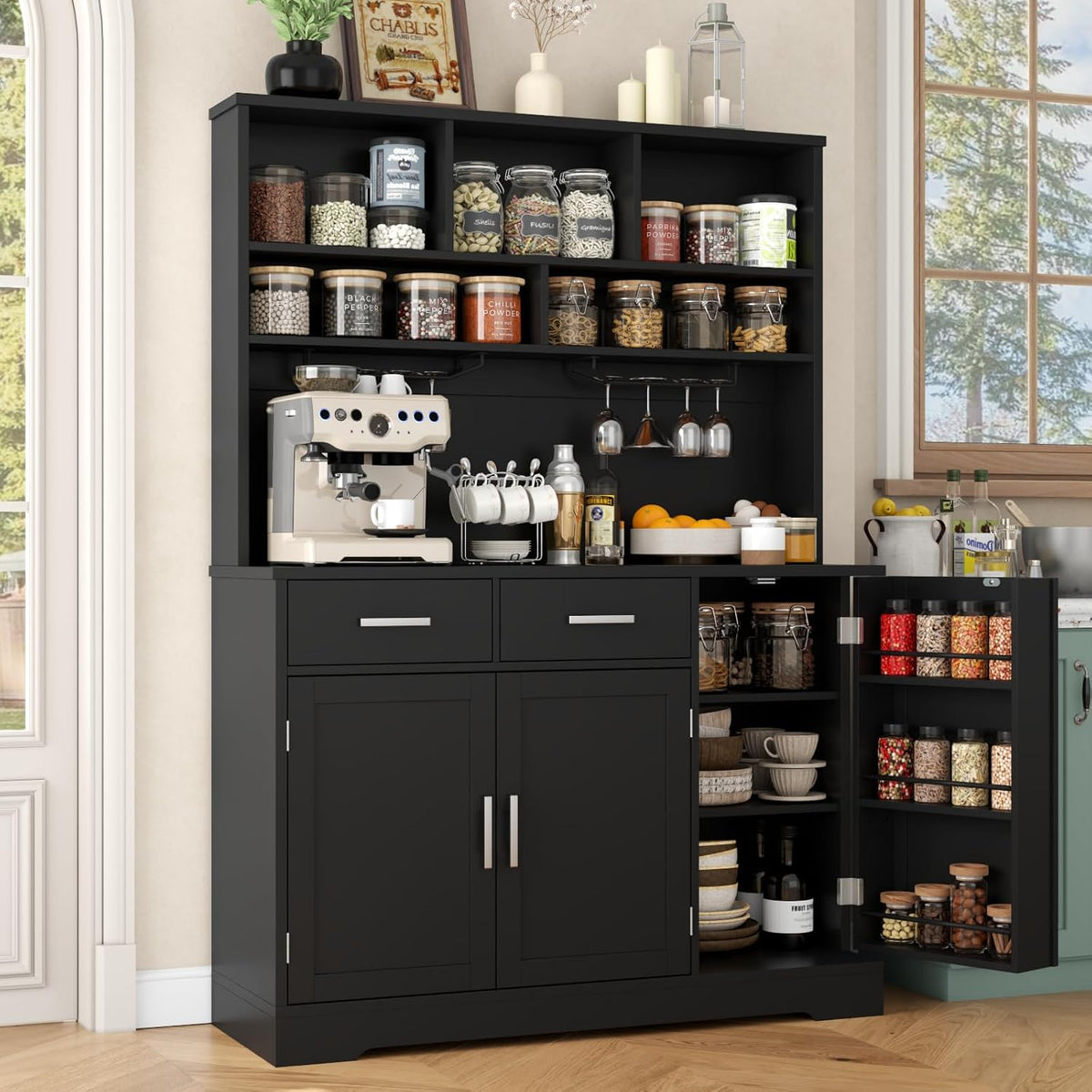 Tall Pantry Cabinet, Modern Kitchen Hutch with Microwave Stand, Kitchen Pantry Storage Cabinet with 2 Darwers & Door Shelf, Food Pantry with Goblet Holders & Adjustable Shelves for Dining Room, Black