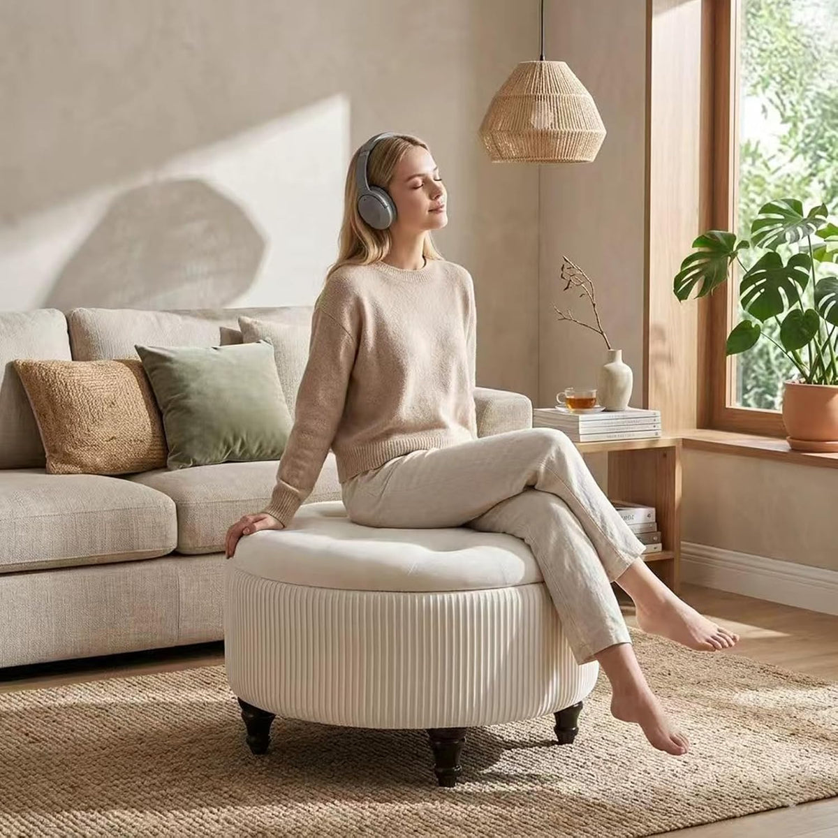 24Inch White Round Storage Ottoman, Upholstered Coffee Table | Modern Tufted Fabric Circle Storage Coffee Table with Removable Lid, Upholstered Storage Ottoman with Tray for Living Room