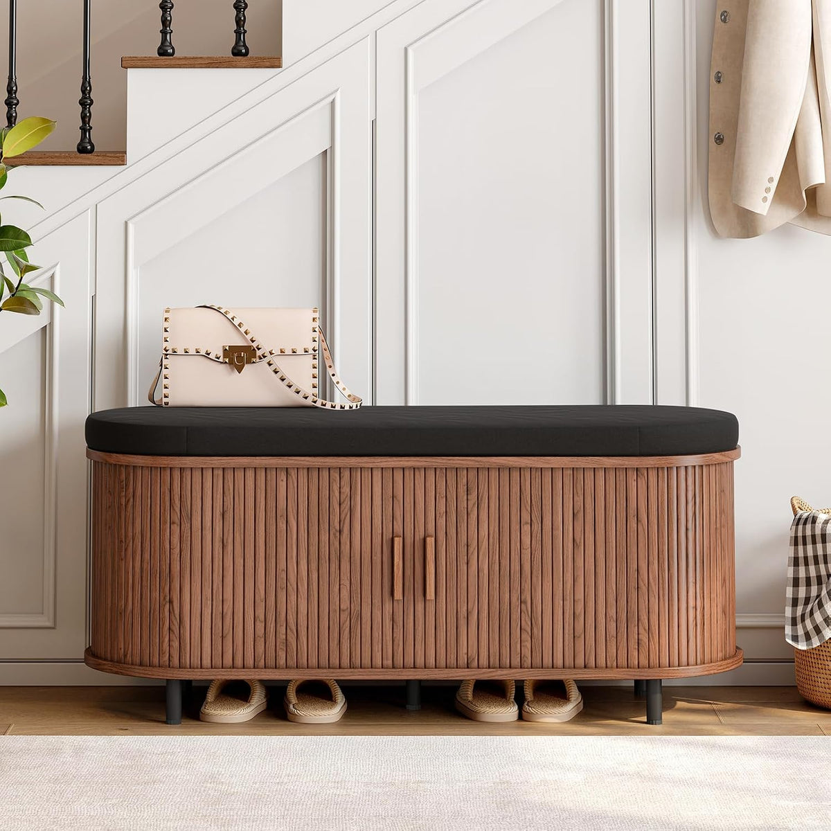 ONBRILL 43" Shoe Bench with Storage, Fluted Shoe Storage Bench with Cushion, Sliding Door and Adjustable Shelf, for Entryway, Hallway, Living Room, Walnut