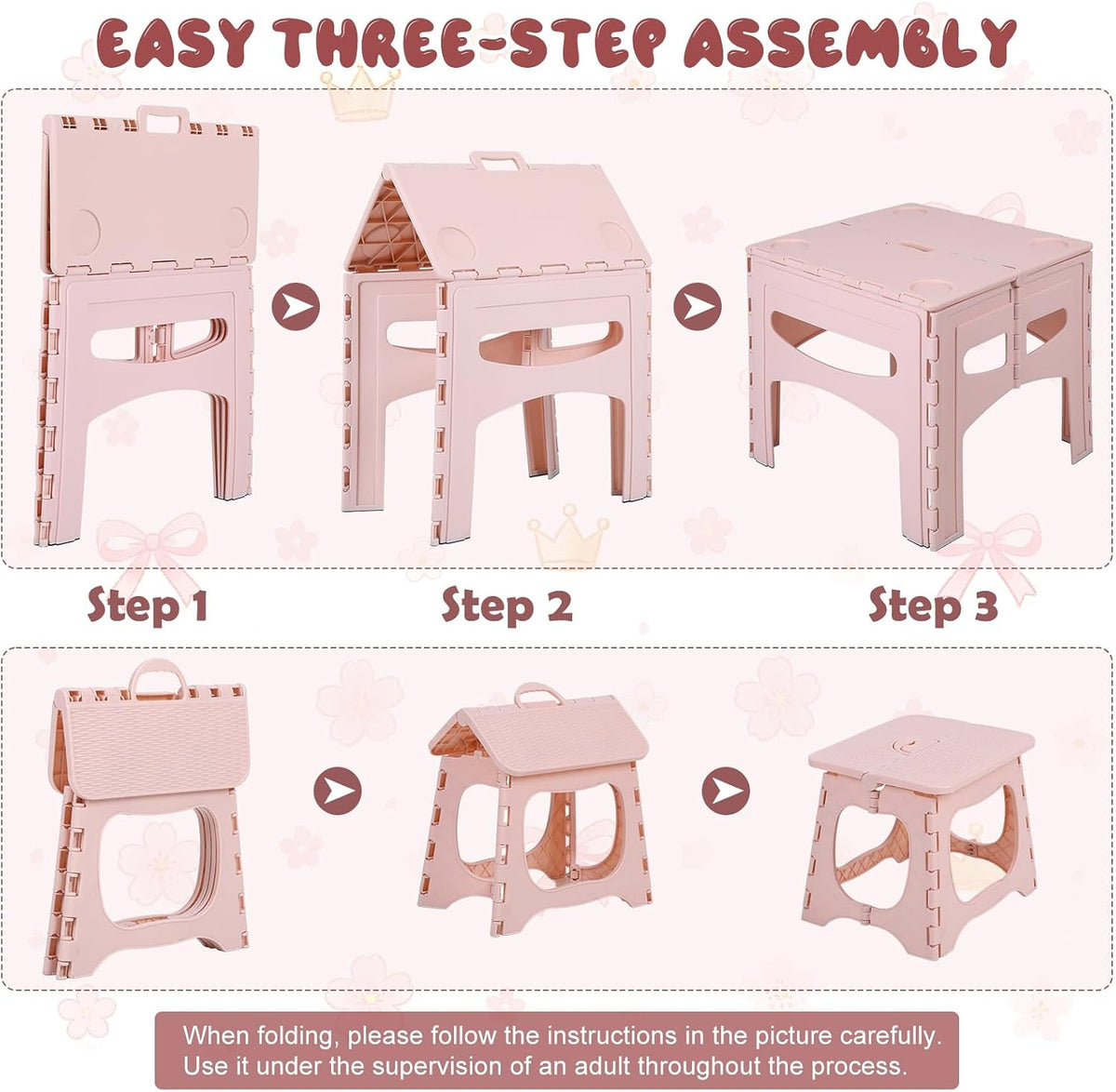 3 Piece Kids Foldable Table and Chairs Set, Toddlers Drawing Activity Desk, | Portable Picnic Table, Easy-Fold Pinch-Free Children's Furniture for Arts Toys Snacks and Indoor Outdoor Use Pink