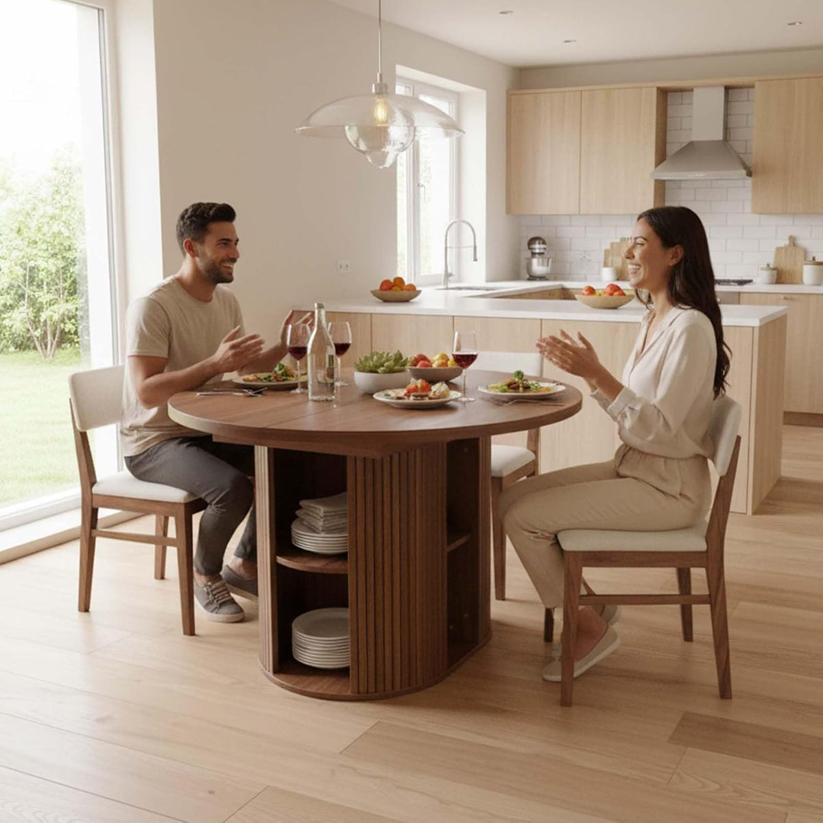 43.3''–59'' Extendable Round Dining Table for 4–8, Modern Wood Oval Kitchen Table with Storage Shelf, Space-Saving Expandable Circle Dinner Table for Dining Room or Living Room (Walnut)