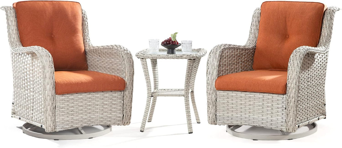 Outdoor 360 Degree Swivel Rocker Patio Chairs Sets of 2 and Matching Side Table - 3 Piece Patio Wicker Glider Chairs with Olefin Cushions(Light Grey/Orange)