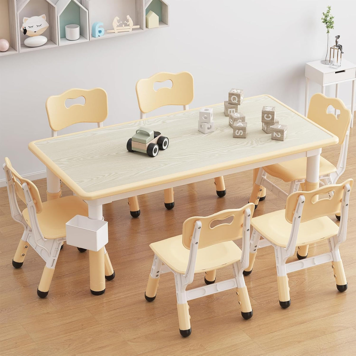 OUTLANE Kids Table and 6 Chairs Set, 47.2"X23.6" Activity Table with Anti-Slip Pads, Wooden Toddler Table and Chair Set with Storage Box, Art Craft Desk for Home Classroom Daycare, 12 Color Pens