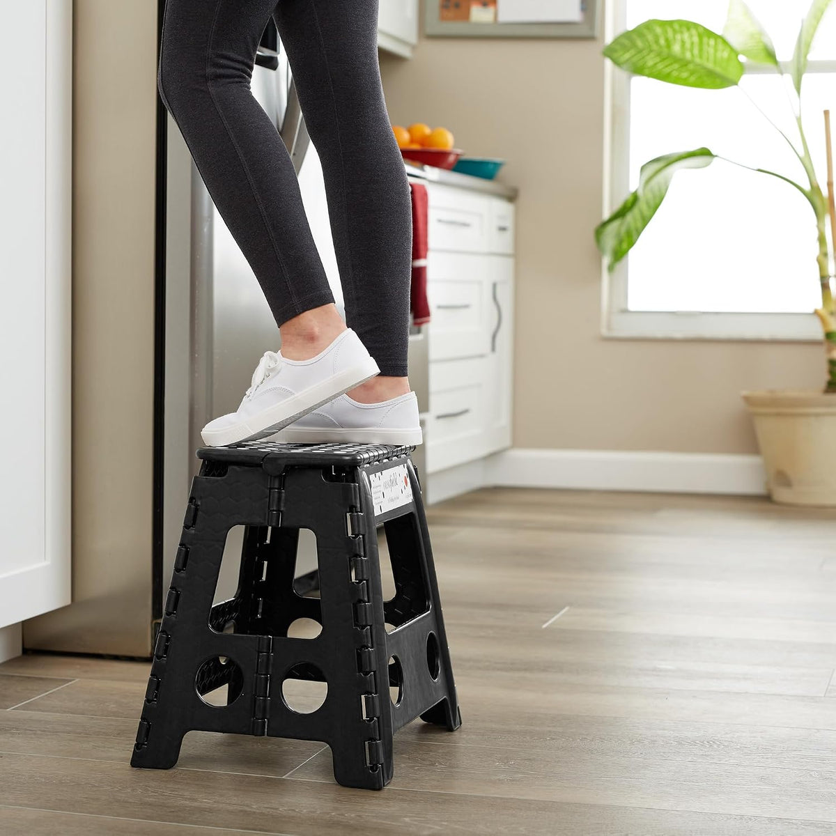 Casafield 16" Folding Step Stool with Handle, Black - Portable Collapsible Small Plastic Foot Stool for Adults - Use in the Kitchen, Bathroom and Bedroom