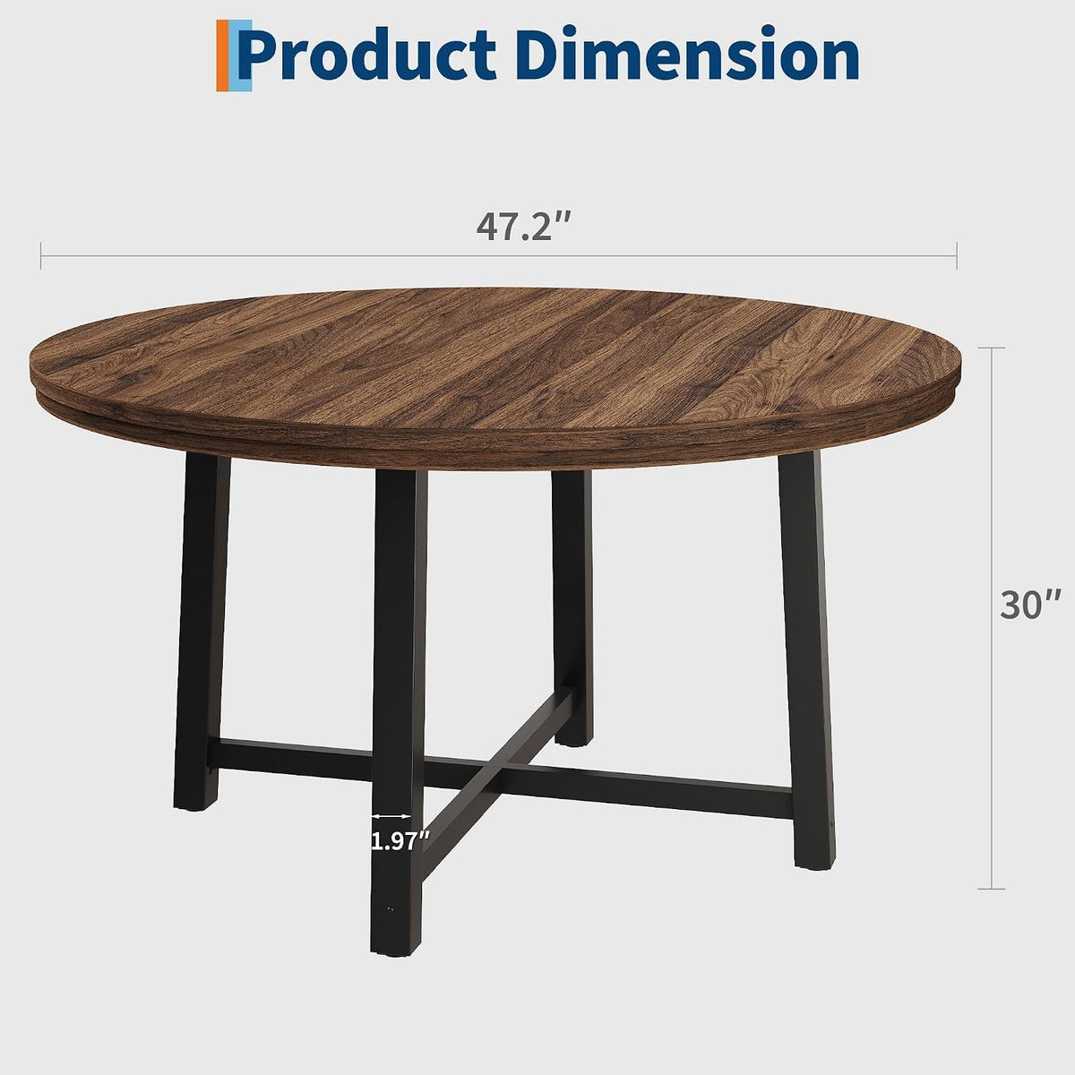 GarveeHome 47 in Round Dining Table, Industrial Dinner Table for 4 to 6, Wooden Kitchen Table with Sturdy Metal Frame & Rustic Brown Finish, Circle Kitchen Table for Dining Room, Kitchen (No Chairs)