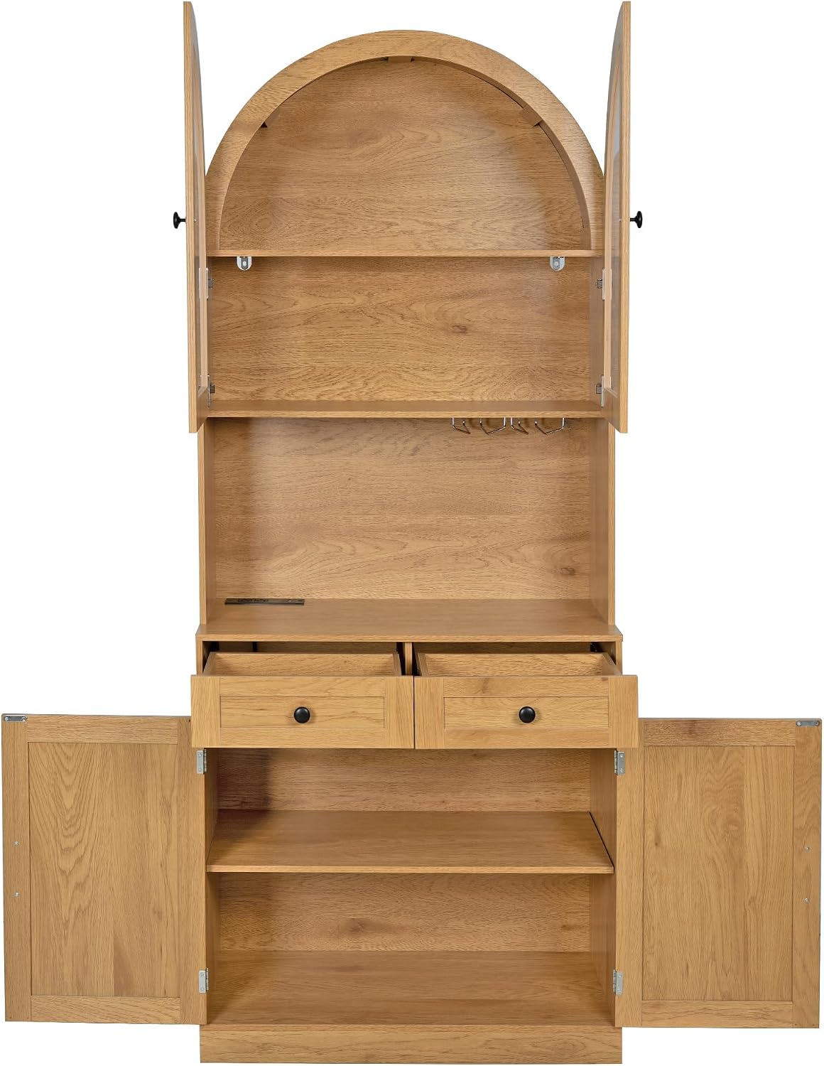 Farmhouse Pantry Cabinet w/Charging Station, Oak | Adjustable Shelves & Open Countertop, Cup Holder & 2 Drawers 75" Tall Arched Coffee Bar for Kitchen Dining Room Living Room