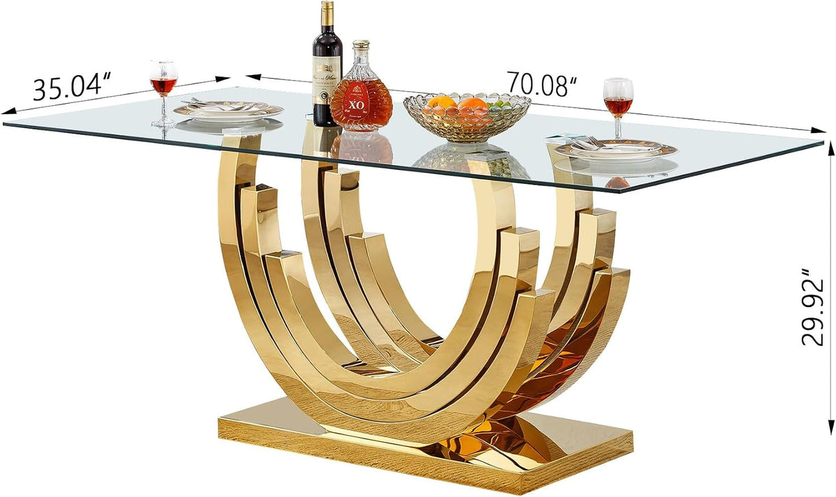 70 inch Tempered Glass Dining Table, Rectangular Glass Kitchen Table with Gold Stainless Steel C Shape Base, 4 to 6 Seater, Modern Dining Room Table for Daily Meals, Dinner Party, Family Gathering