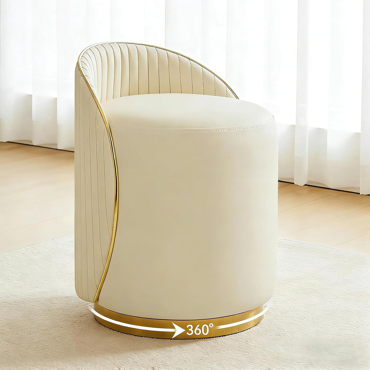 Modern Round Makeup Stool, 360 Swivel Vanity Chair, Beige Leather Seat, Solid Wood Frame, 400 lbs Weight Capacity