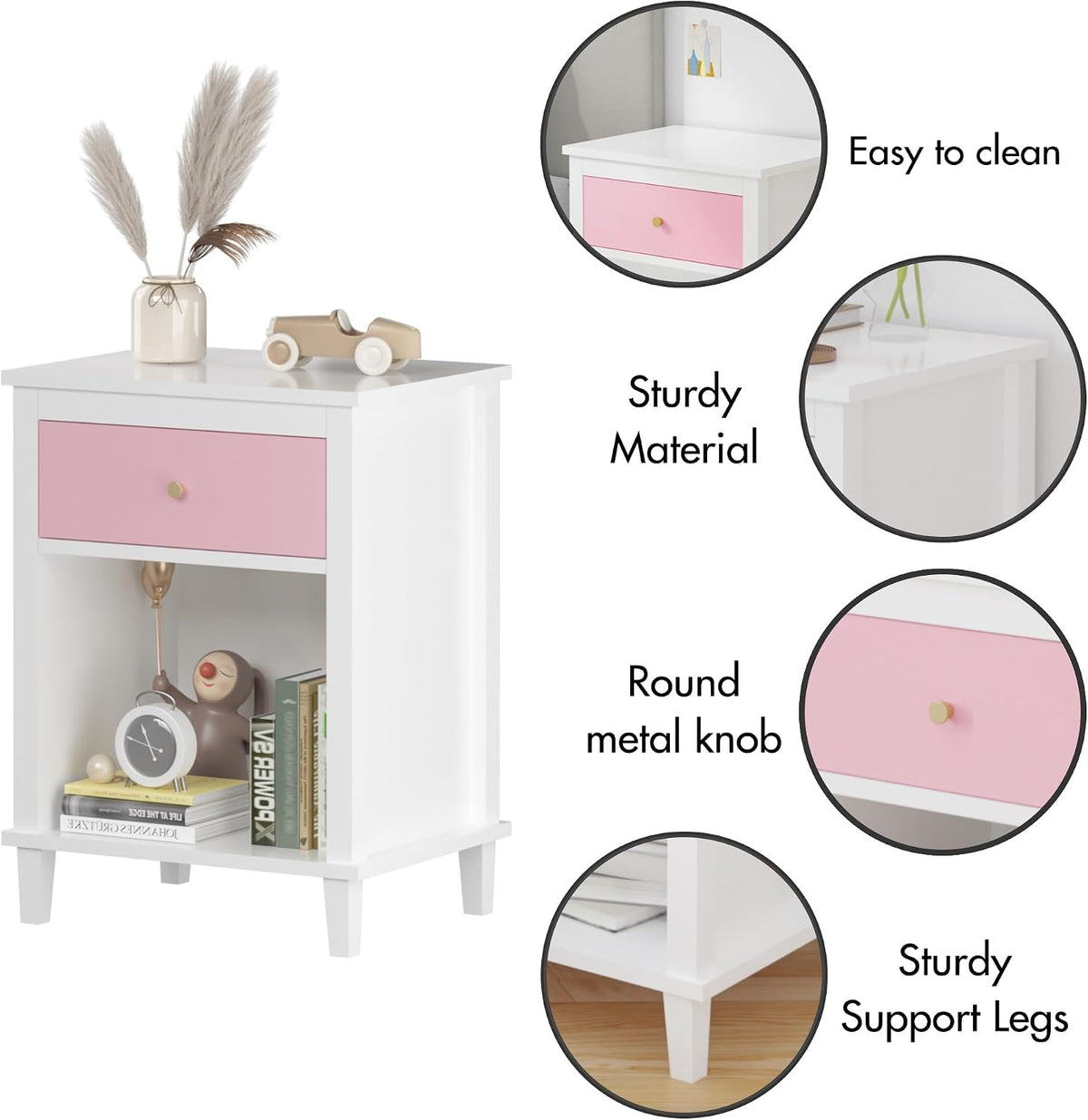 26.77''H Wooden Nightstand with One Drawer One Shelf, Pink ,for Small Spaces