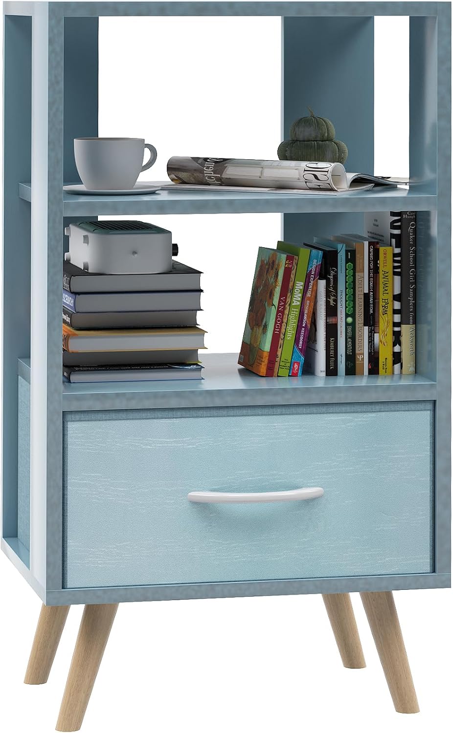 Aenuert Night Stand, Blue Nightstand with Drawer, Side Table with Open Storage, 3-Tier Modern End Table, Bedside Table for Small Space, Living Room, Bedroom