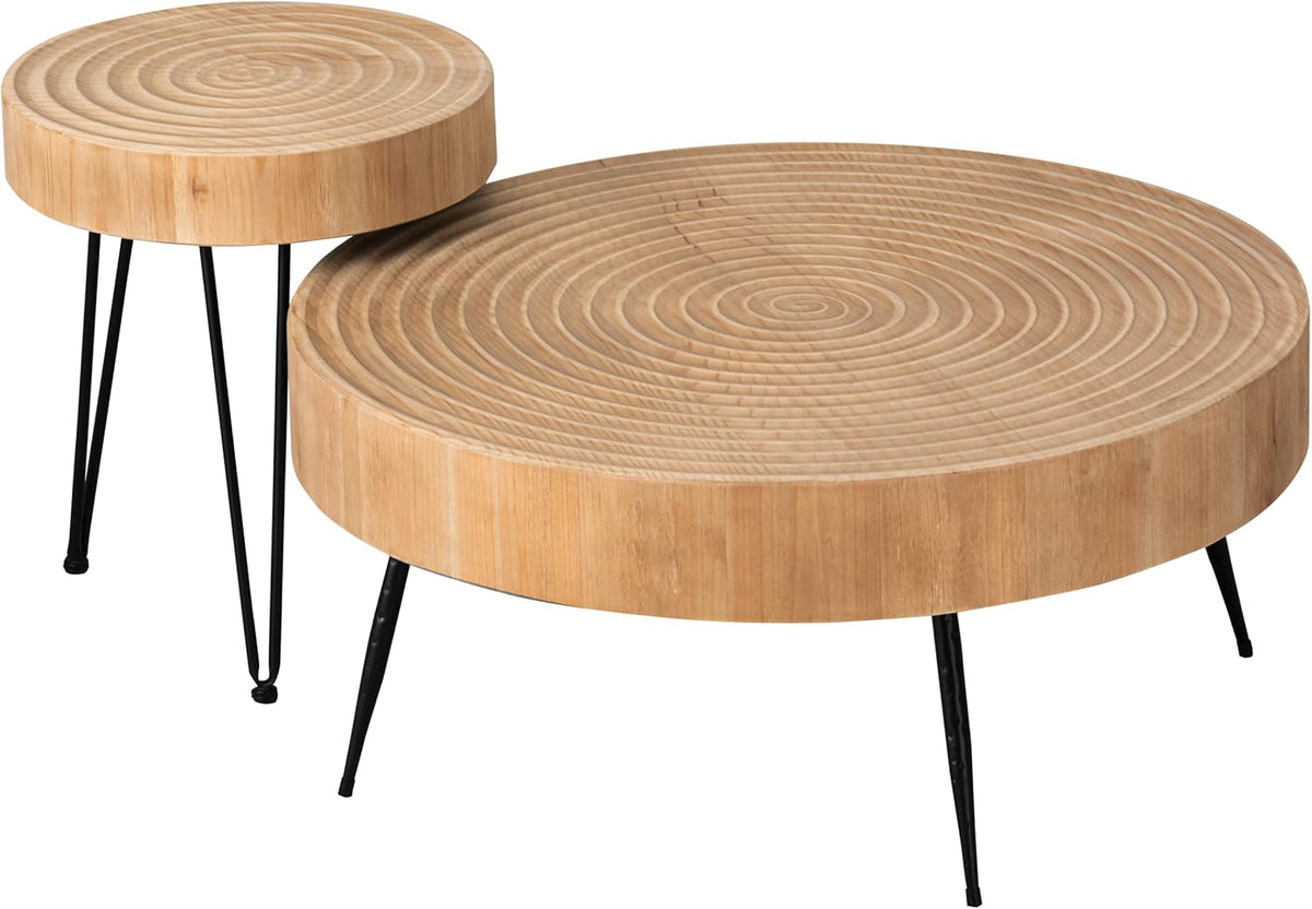 2-Piece Boho Farmhouse Nesting Table with Handcrafted Wood Ring Motif, Round Natural Finish Coffee Table Set for Living Room, French Country Decor, Round