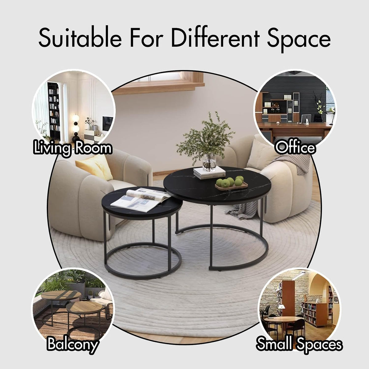 Nesting Coffee Table Set of 2, Round Nesting Tables with Marble-Look Top and Metal Frame, Modern Coffee Table Set for Small Spaces, Stackable Side End Tables for Living Room Bedroom etc. (B)