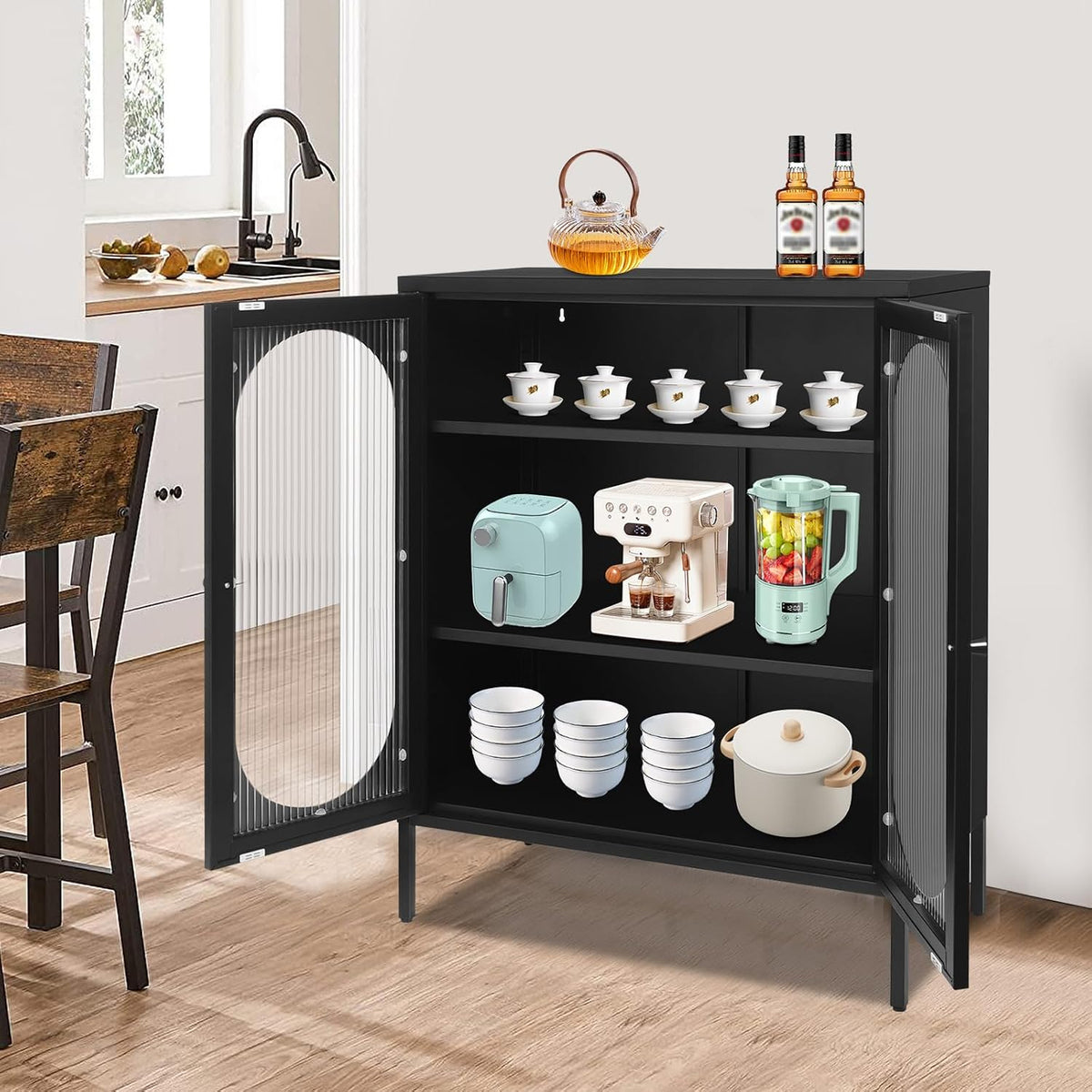 Xuthusman 3 Tier Floor Storage Cabinet, Freestanding Storage Unit with Adjustable Shelves, Magnetic Doors Kitchen Accent Cabinet Kitchen Organizers and Storage for Bathroom(Black)