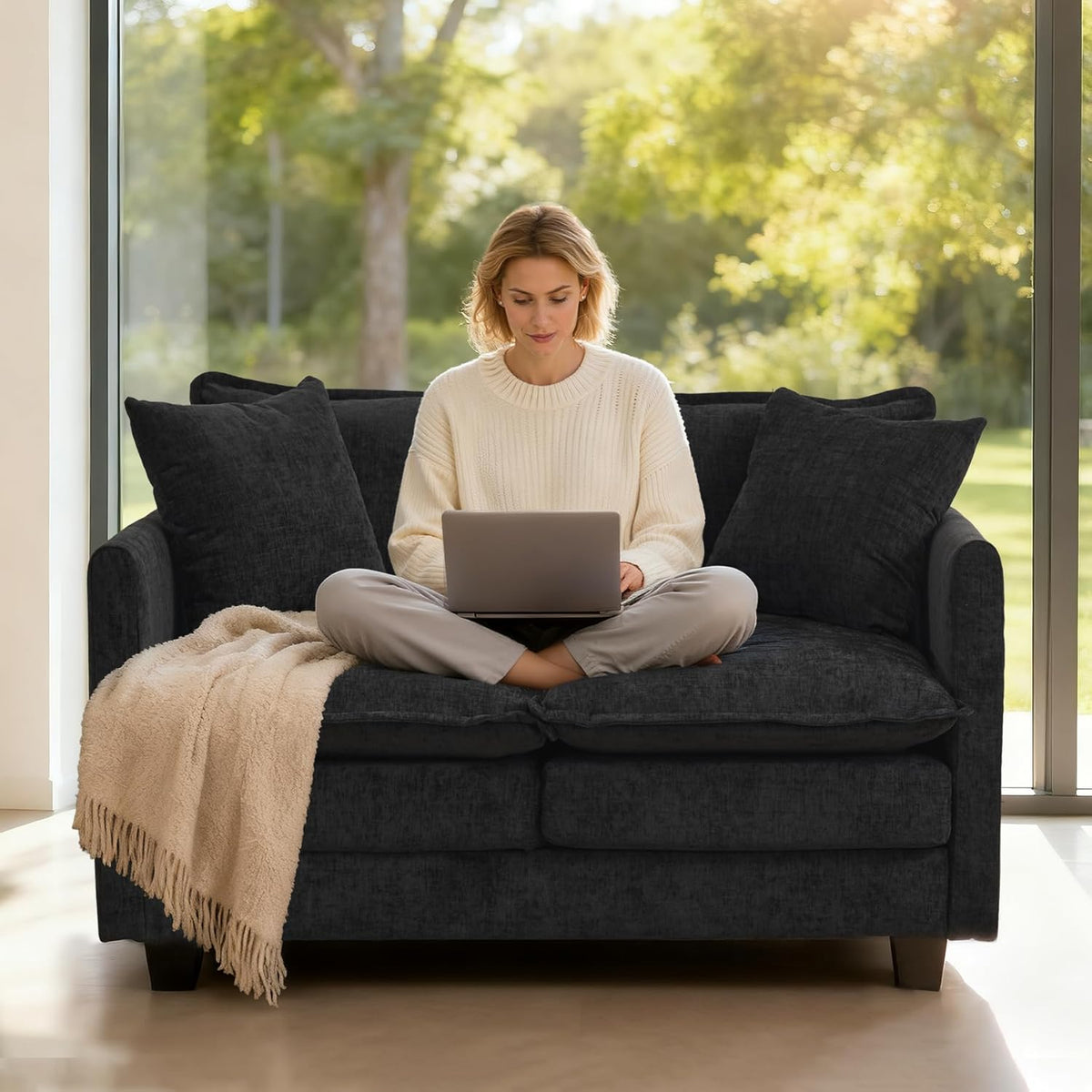 Loveseat Sofa Cloud Sofa Couch 50'', Modern Loveseats 2 Seat Couch 27" Deep Seat with 2 Pillows for Small Spaces Apartment Studio Office Bedroom Living Room 8834-BLACK-1