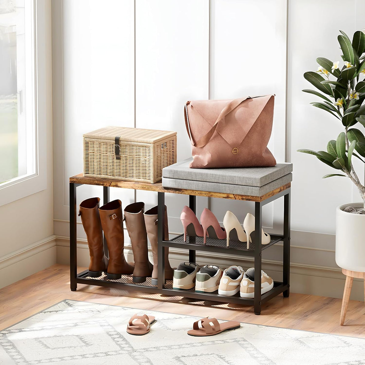 Shoe Rack for Entryway, Freestanding Hidden Shoe Storage Organizer, Boot Shoe Bench Shelves for High Heels with Seat cushion, Narrow Wood Shoe Rack for Entrance Closet, Hallway, 3 Tier (Gray+Black)