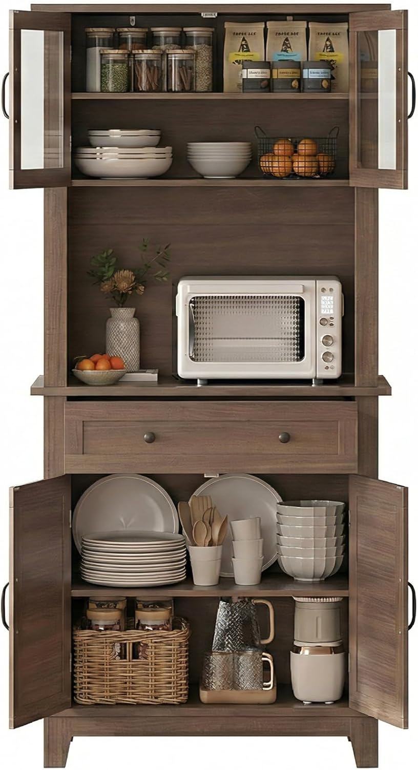 Garvee 72" Tall Kitchen Pantry Cabinet with Hutch and Microwave Stand | Freestanding Food Pantry Hutch with Adjustable Shelves, Glass Doors And Drawers for Dining Room, Living Room, Brown
