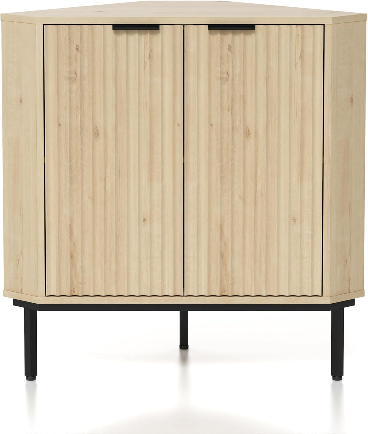 EYYTHUNG Fluted Corner Cabinet, Modern Small Corner Floor Cabinet with 2 Doors and 2-Tier Shelves, Freestanding Narrow Organizer for Living Room Kitchen Bathroom, Light Oak