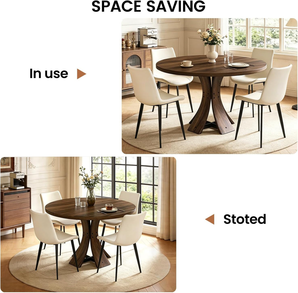 43.3" Round Dining Table Set for 4, 5 Piece Farmhouse Kitchen Table Set with 4 PU Chairs, Mid Century Modern Dining Table with Curved Solid Wood Frame for Dining Room, (Walnut Table+4 Beige Chairs)