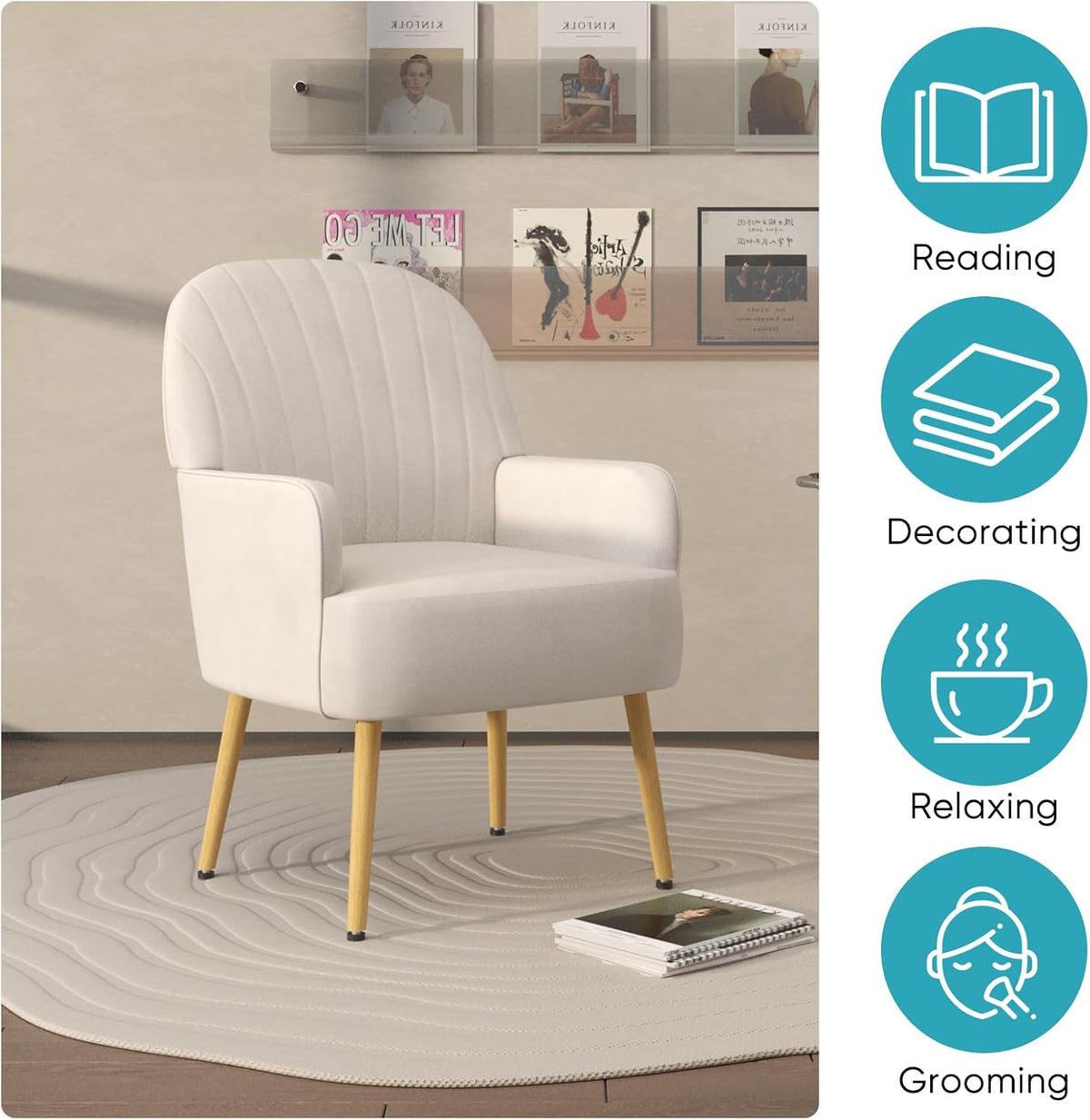 Velvet Accent Chair, Modern Upholstered Single Living Room Chairs with Tufted Back, Cozy Sofa Side Armchair with Metal Legs for Bedroom/Office/Reading Room, Beige