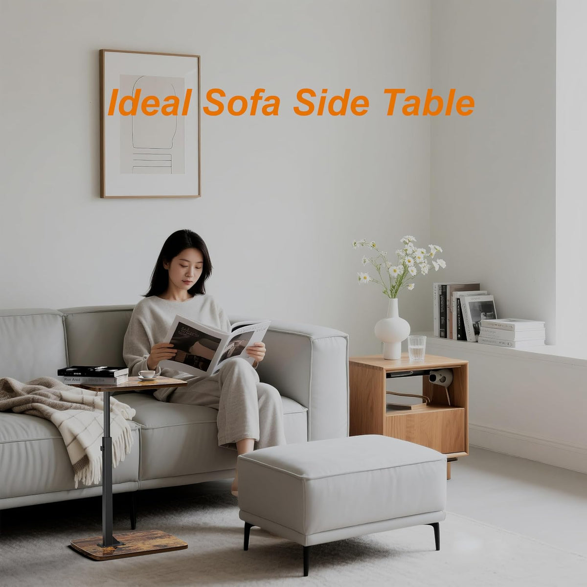 TV Tray Table for Small Spaces with 360° Swivel Tabletop & Height Adjustable,C Shaped Sofa Arm End Side Table, Bed Tray Stand for Eating Laptop,Living Room, Bedroom,Breakfast (Wood Base)