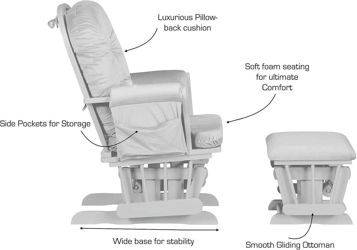Suite Bebe Carson Glider and Ottoman in White Wood and Oyster Gray Fabric